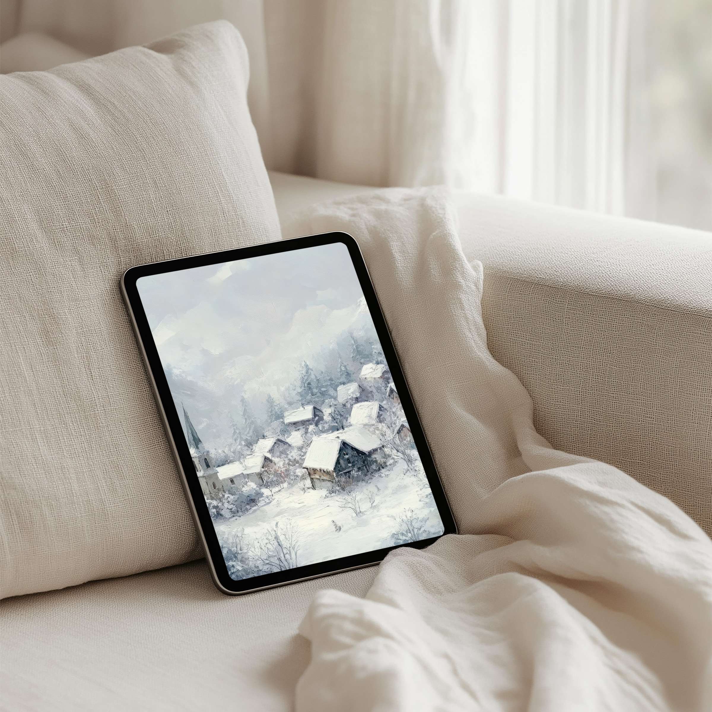 Serene winter village scene as iPad background for instant download on tablets brings calm and elegance to your digital space