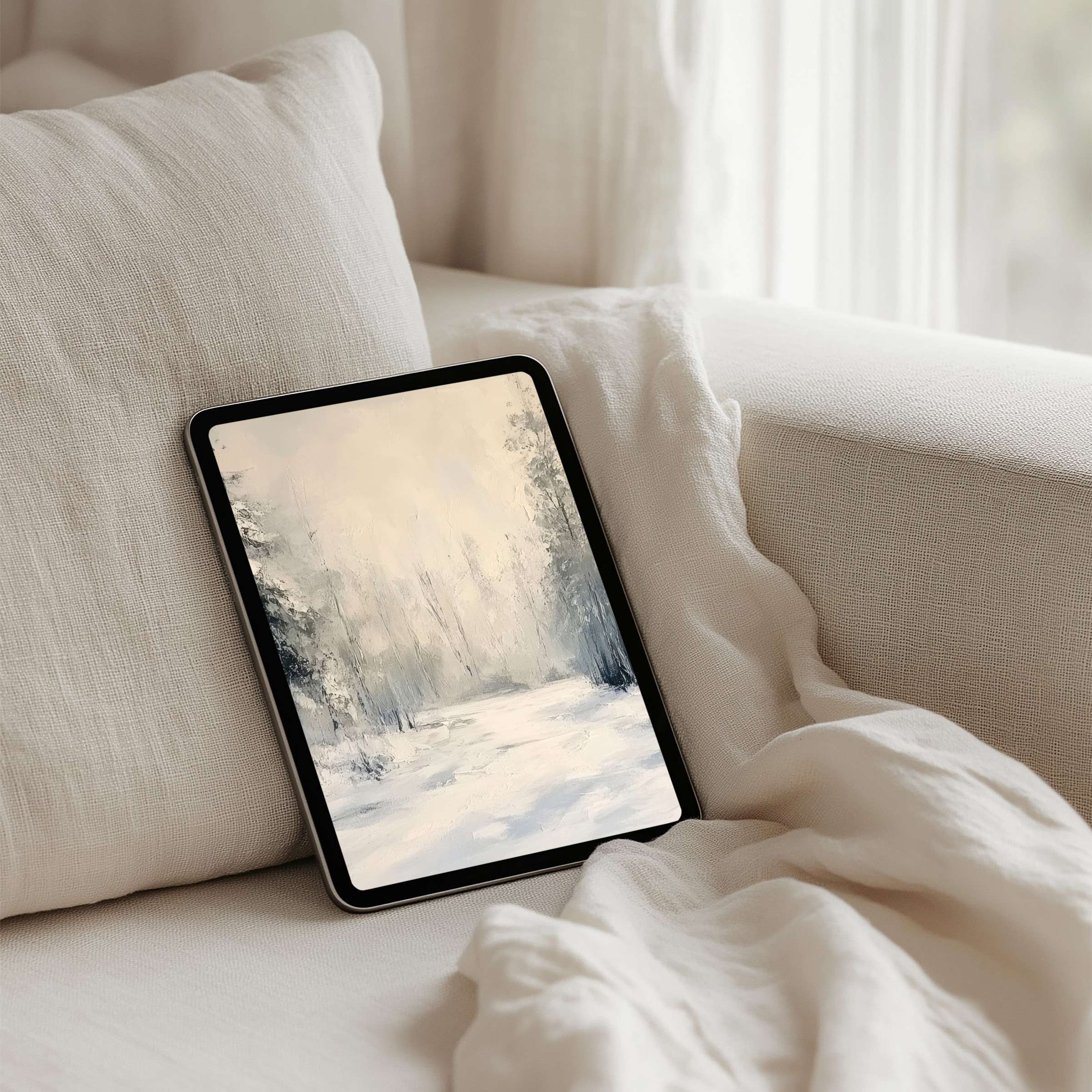 Elegant snowy iPad background for instant download on tablets evokes calm and inspiration, perfect for mindful design enthusiasts