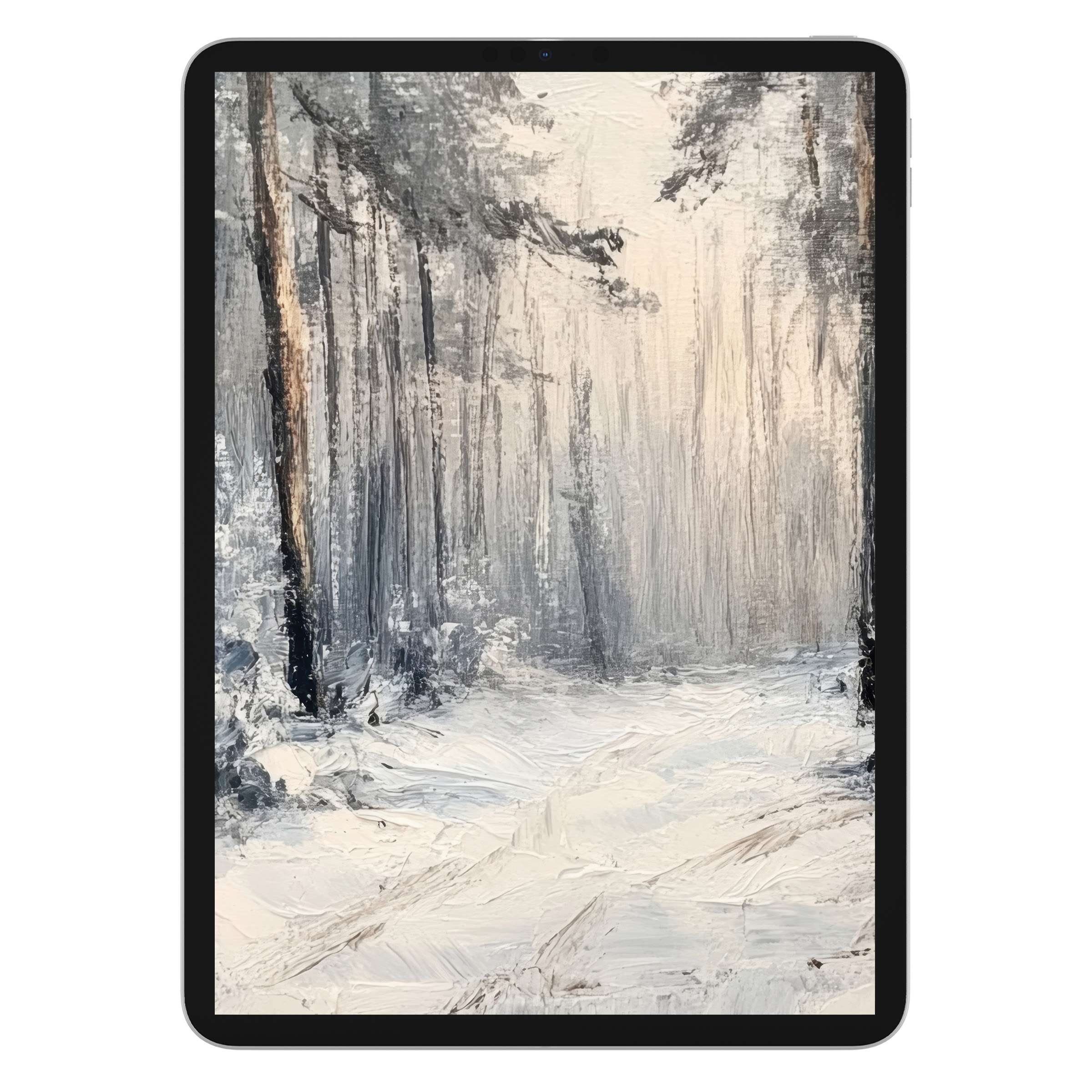 Elegant winter iPad wallpaper capturing a tranquil forest with snowy textures for tablet background digital download and mobile display