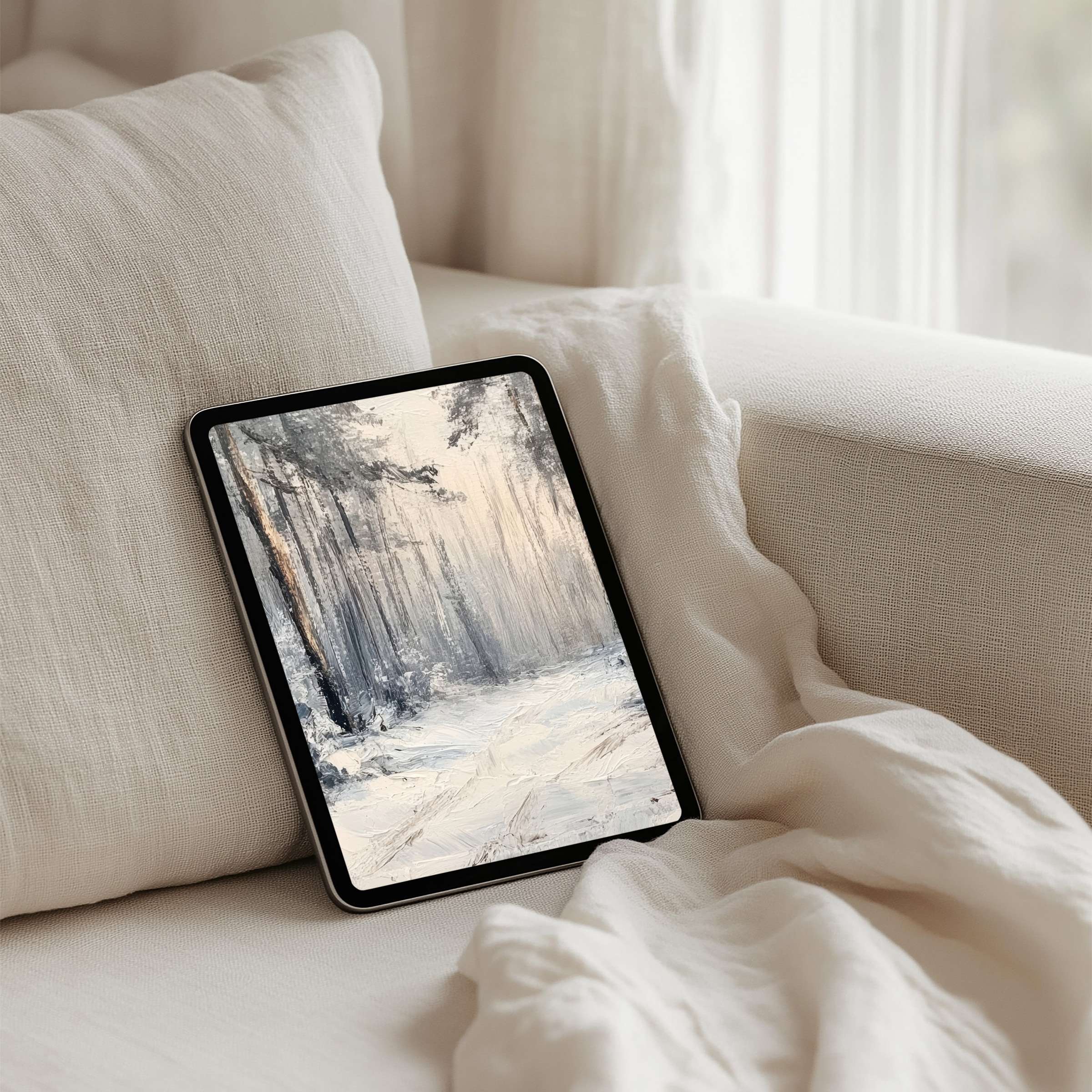 Cozy winter forest painting on iPad background offers calm elegance for your tablet instant download inspiring mindful spaces