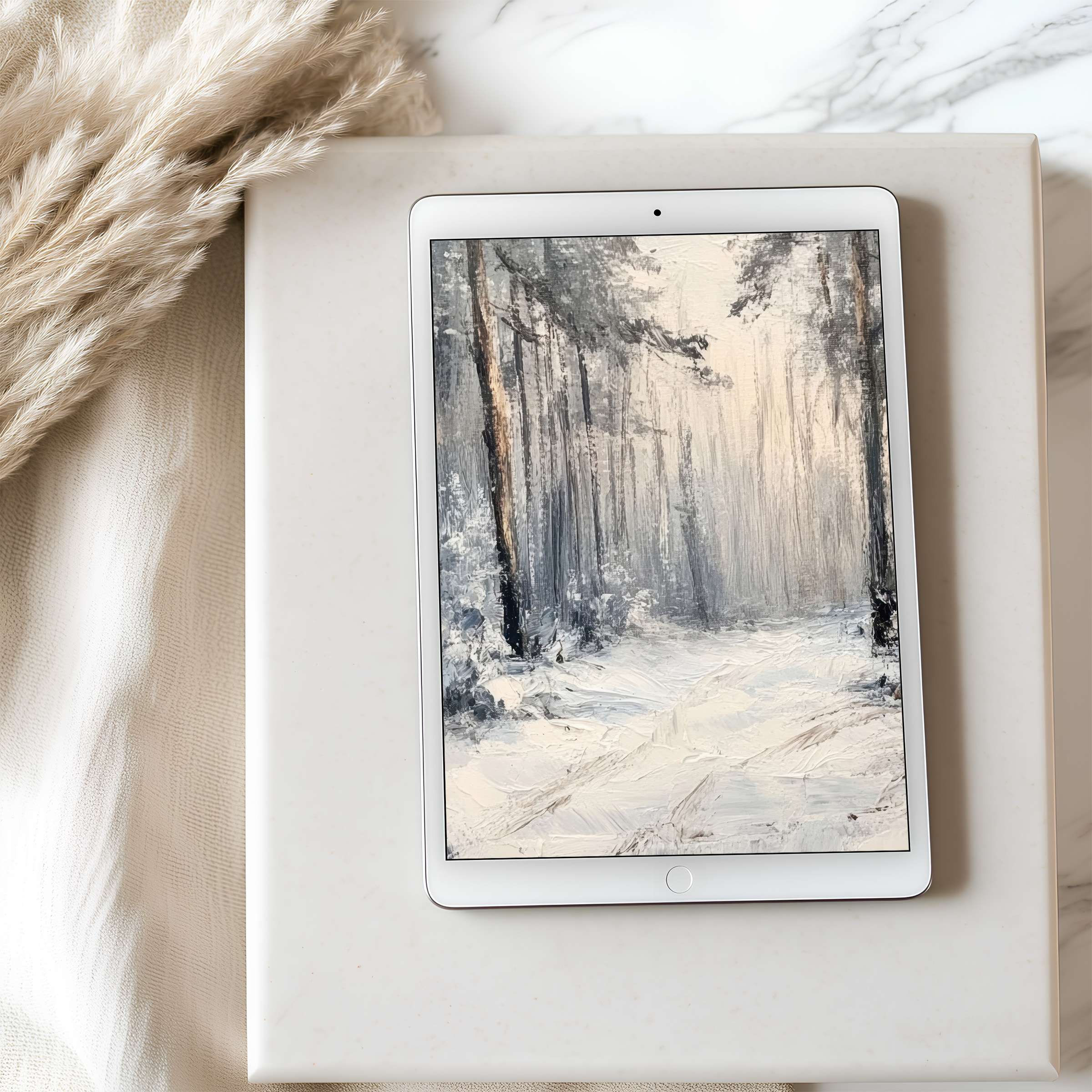 Elegant tablet wallpaper showcasing a serene winter forest in high resolution ideal for iPad and Android tablets digital download