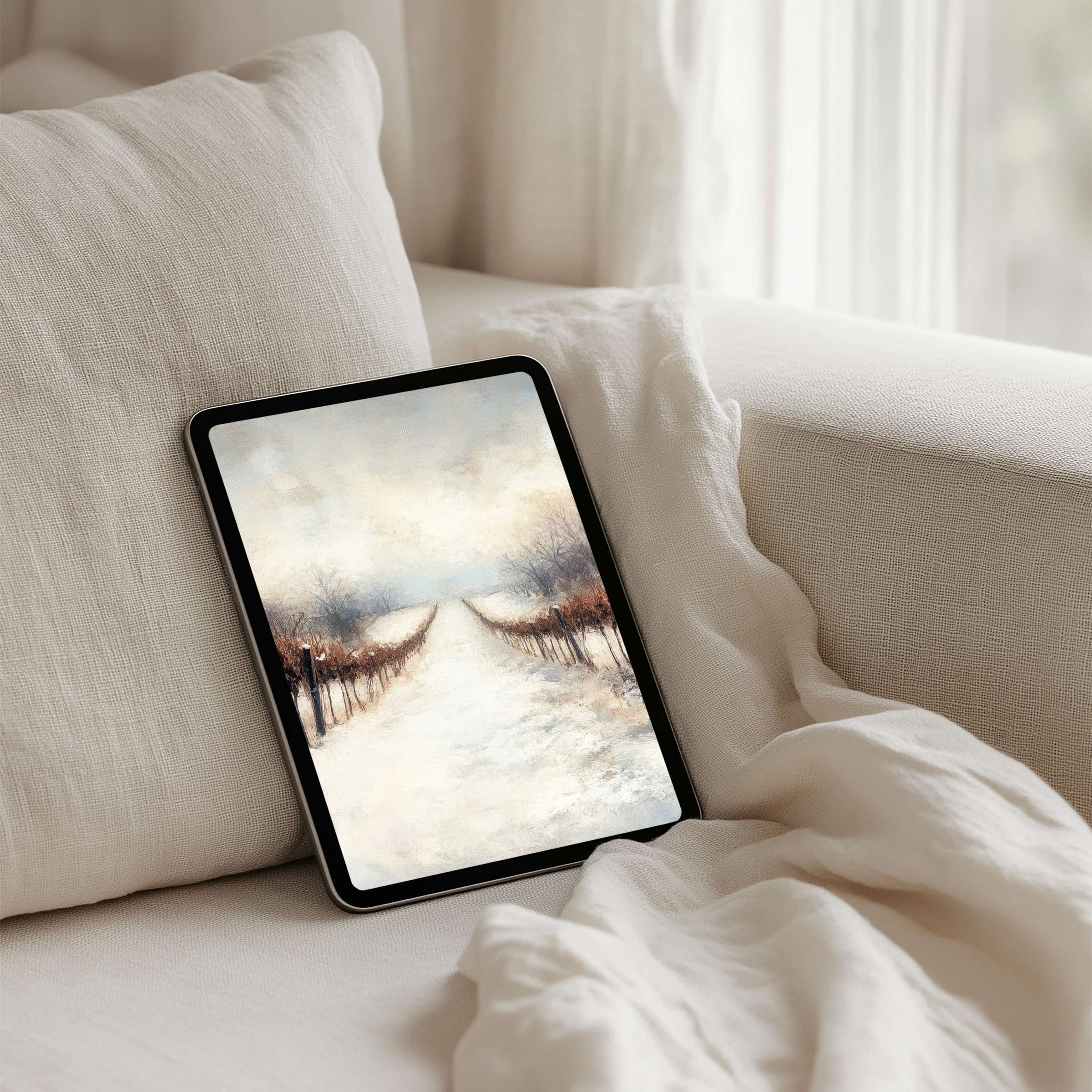Elegant iPad background with a serene winter landscape painting for instant download to inspire calm on any tablet device