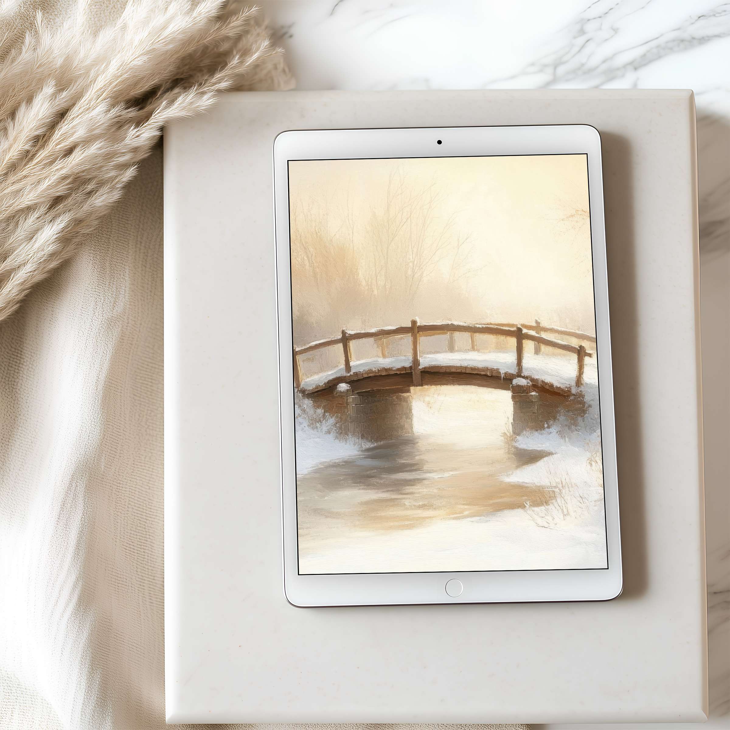 Elegant tablet wallpaper featuring a serene snowy bridge painting in soft pastels ideal for high-resolution iPad and Android tablets