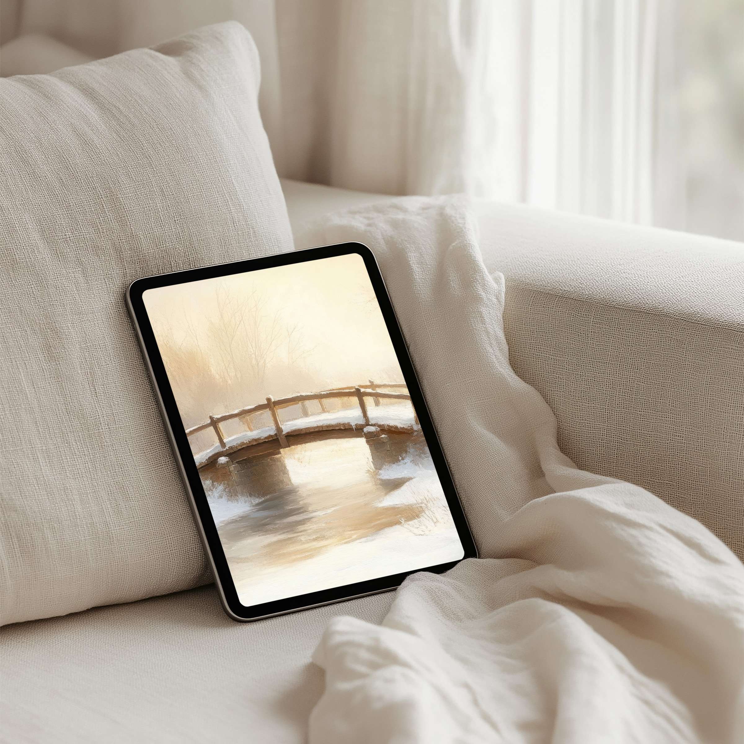 Cozy iPad background featuring serene watercolor bridge scene offers instant download for tablet users seeking calming inspiration