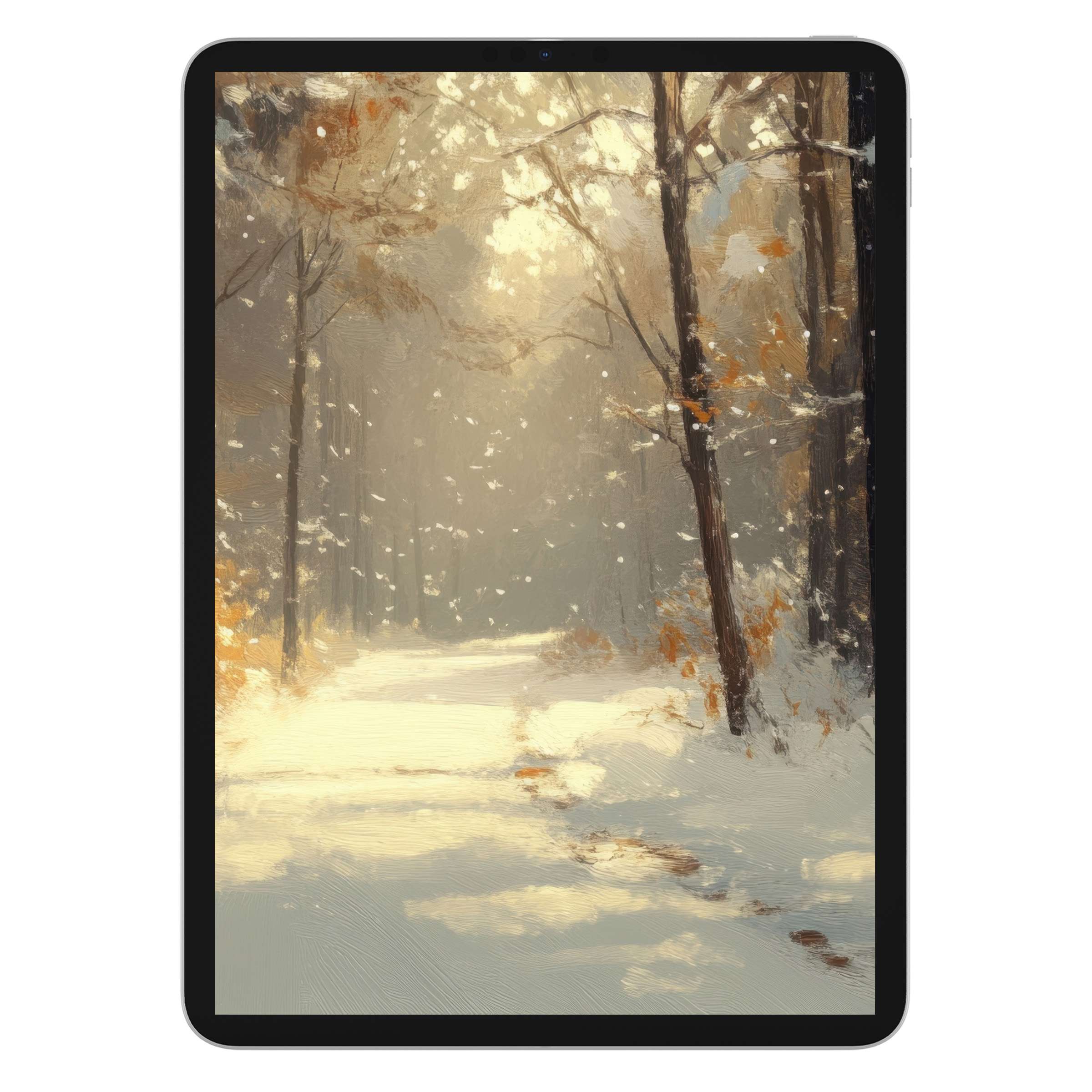 Winter iPad wallpaper with serene snowy forest scene digital download offers elegant background for tablet enhancing tranquility