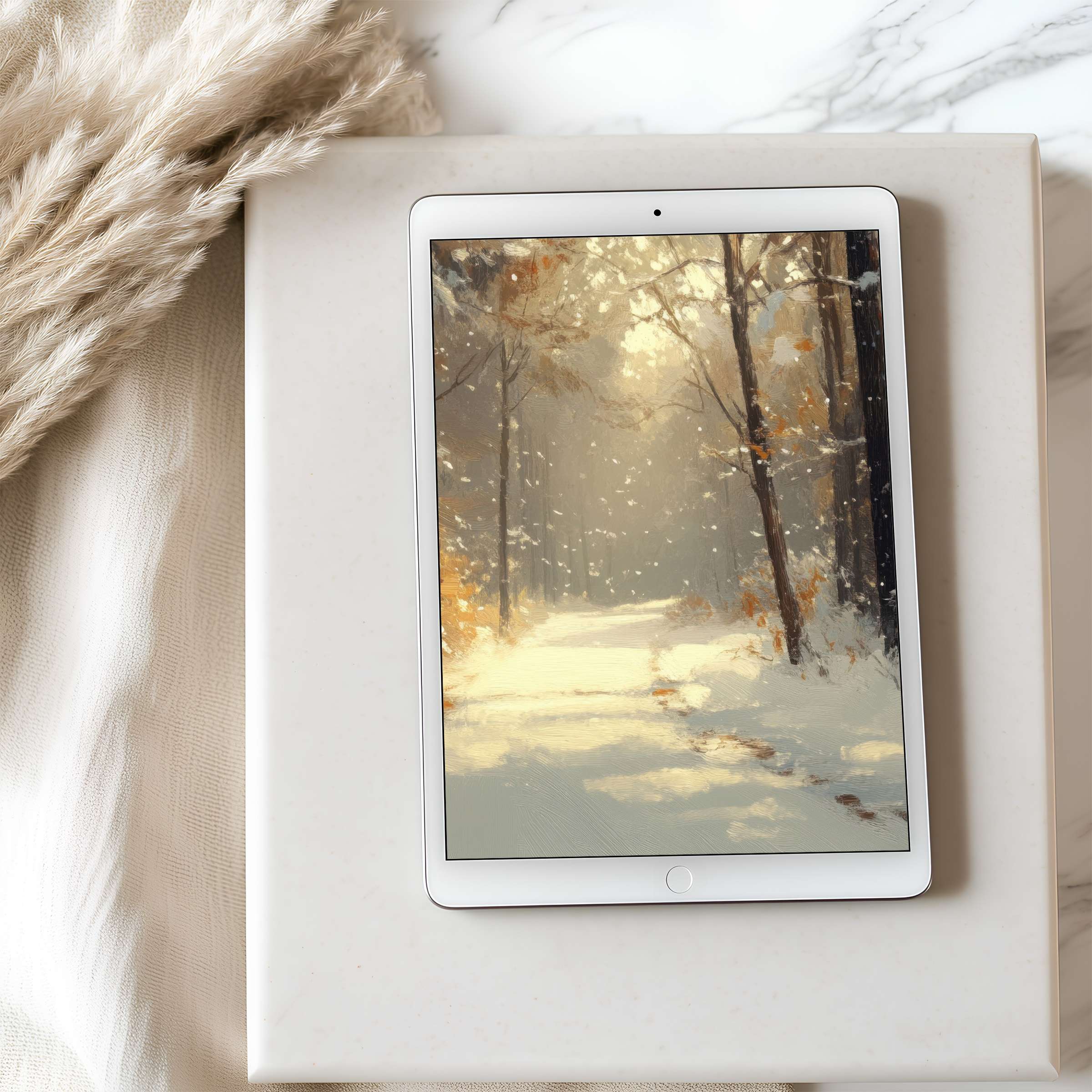 Calming winter forest path artwork tablet wallpaper for iPad and Android tablets digital download in high resolution inviting tranquility