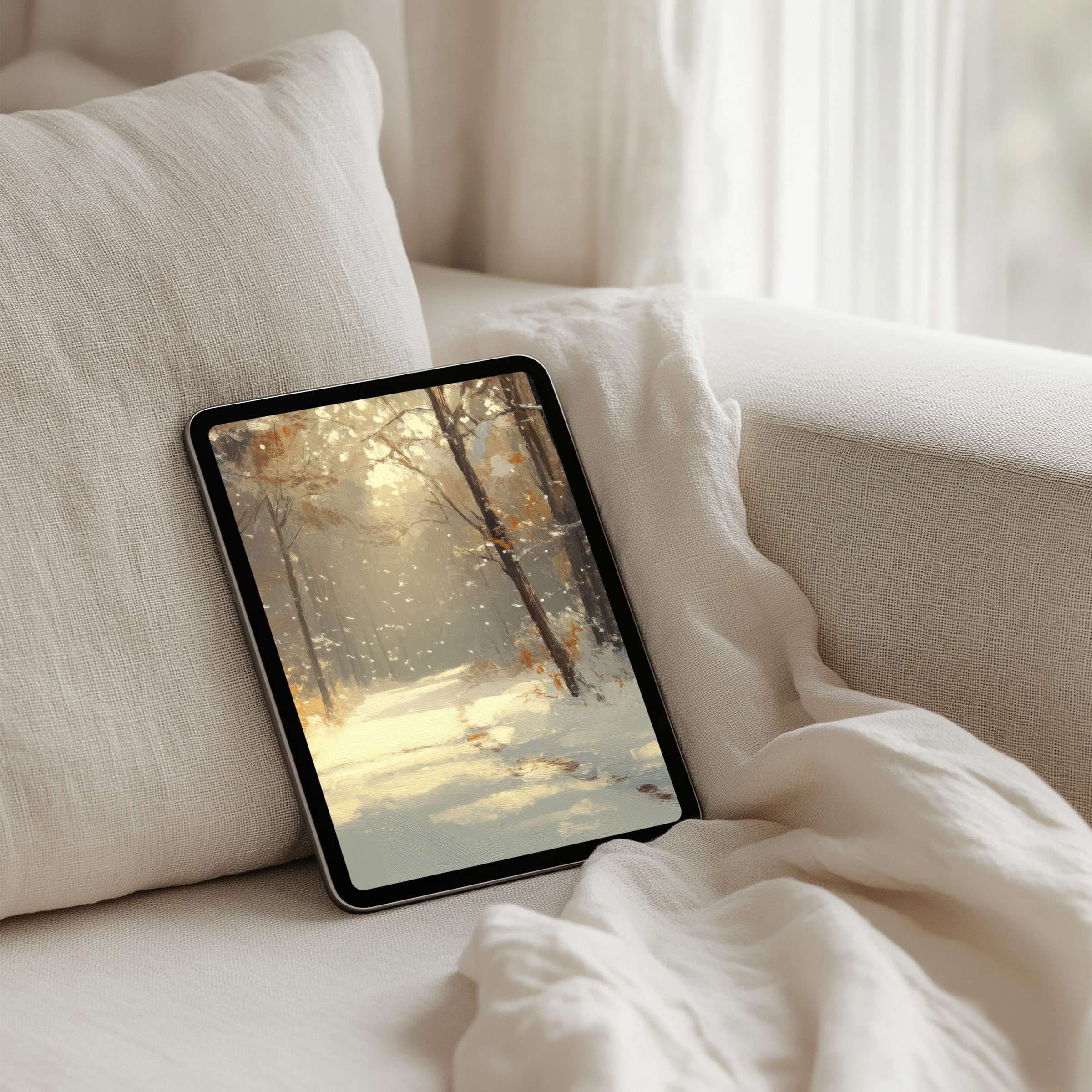 Elegant iPad background showcasing serene winter woods for instant download, perfect for tablets to inspire calm and mindfulness