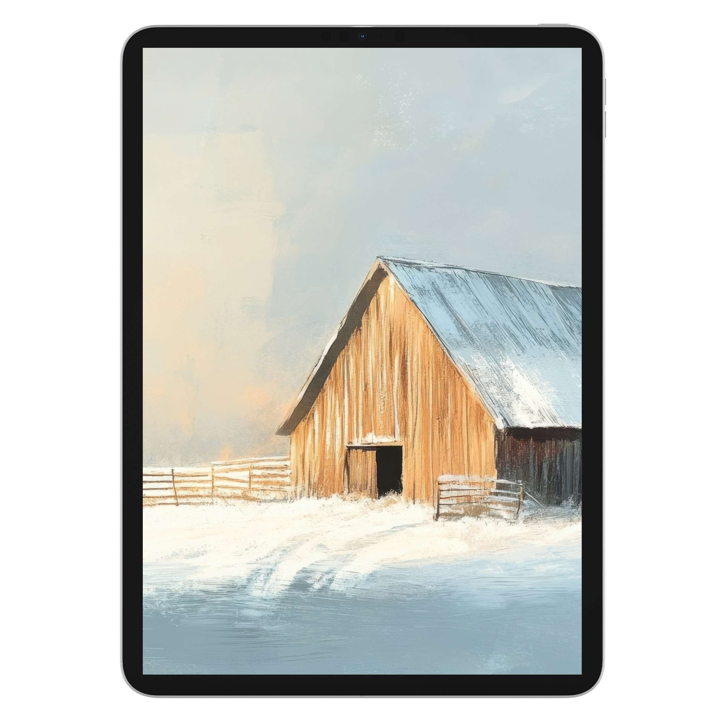 Winter iPad wallpaper featuring a serene snowy barn scene, perfect digital download background for tablets and calming aesthetics