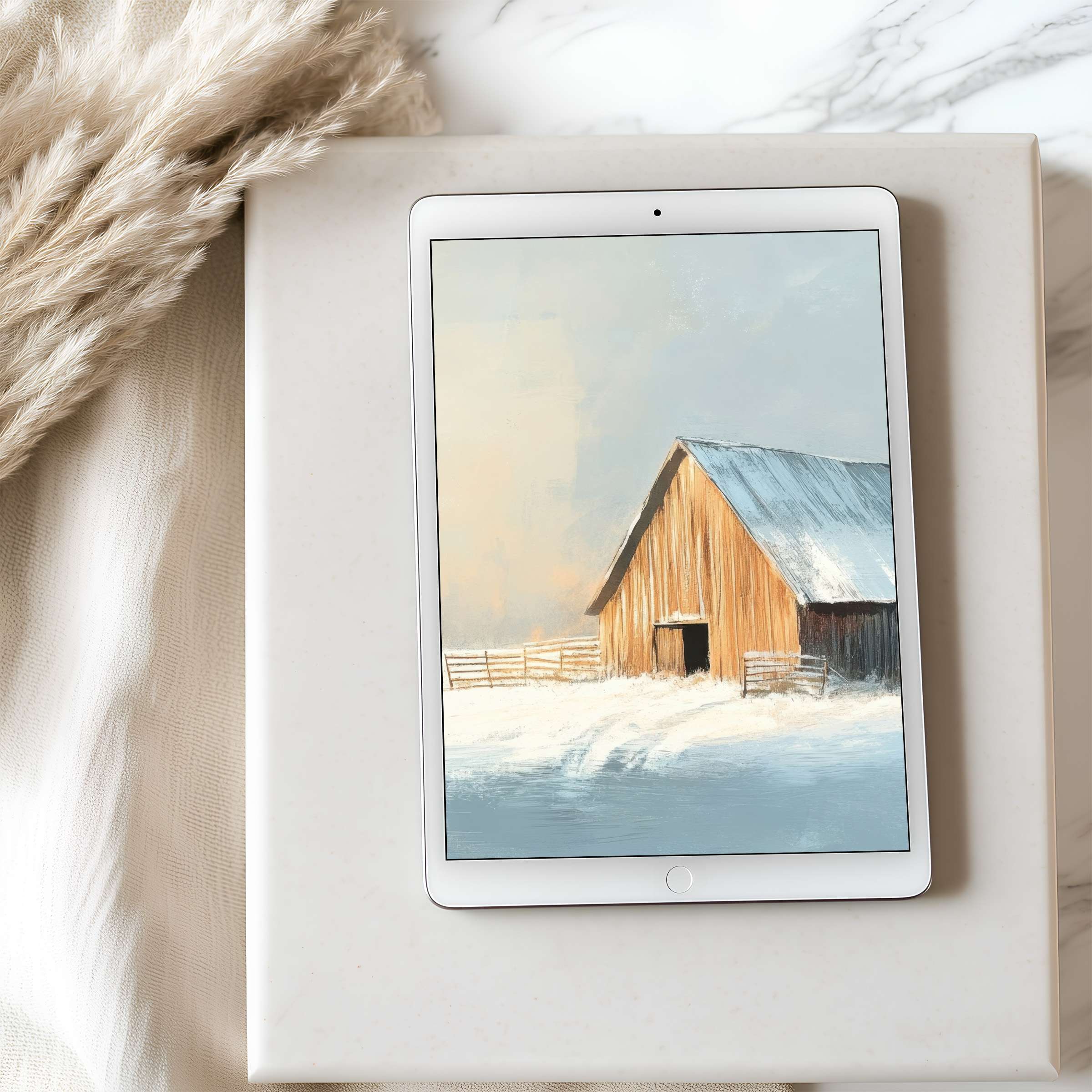 Serene barn scene tablet wallpaper in soft pastels, ideal for iPad and Android tablets, offers a calming, high resolution digital download