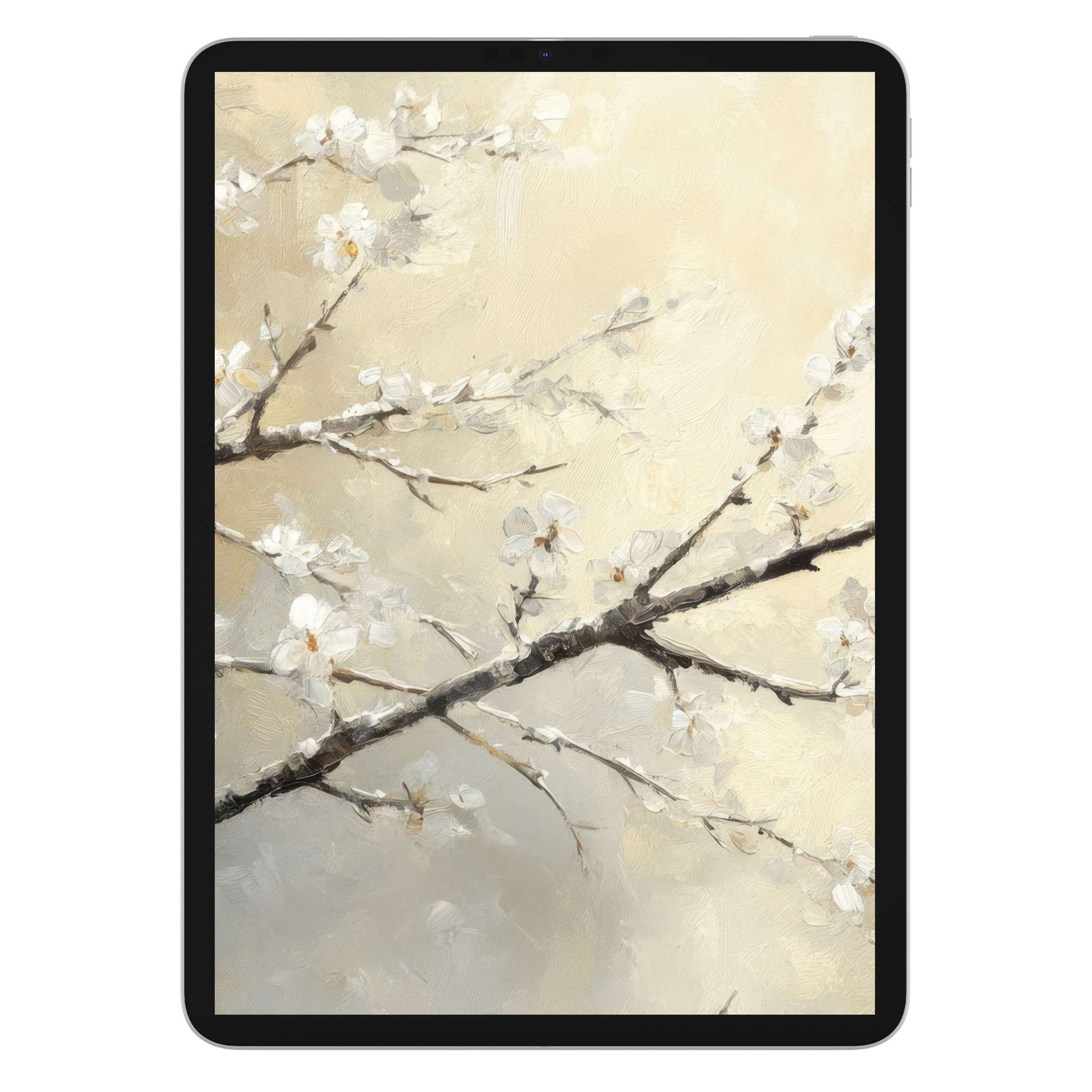 Winter iPad wallpaper featuring elegant white blossoms on branches in a soft, textured digital download for tablets and background serenity