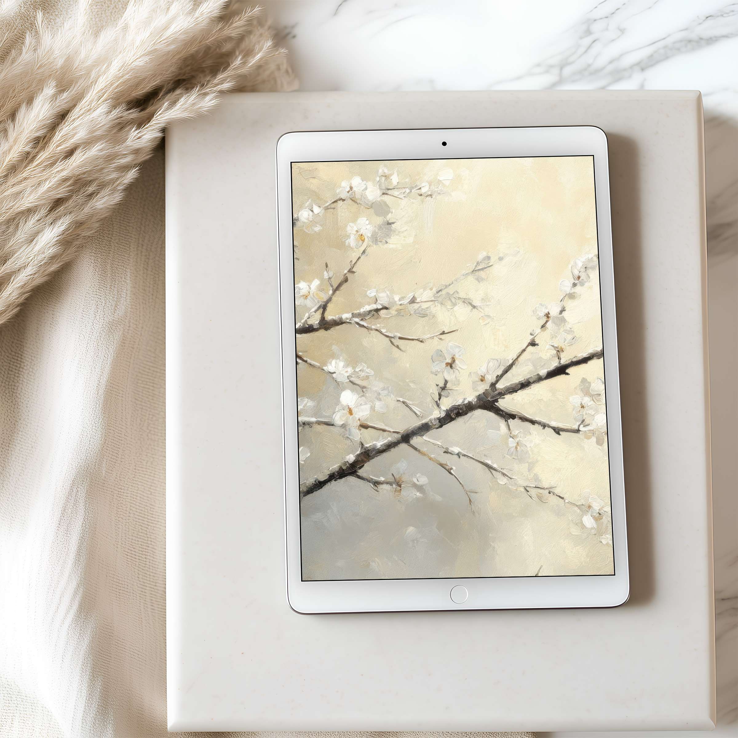 Elegant cherry blossom tablet wallpaper in soft pastels, perfect for iPad or Android tablets, offering calm and high resolution design