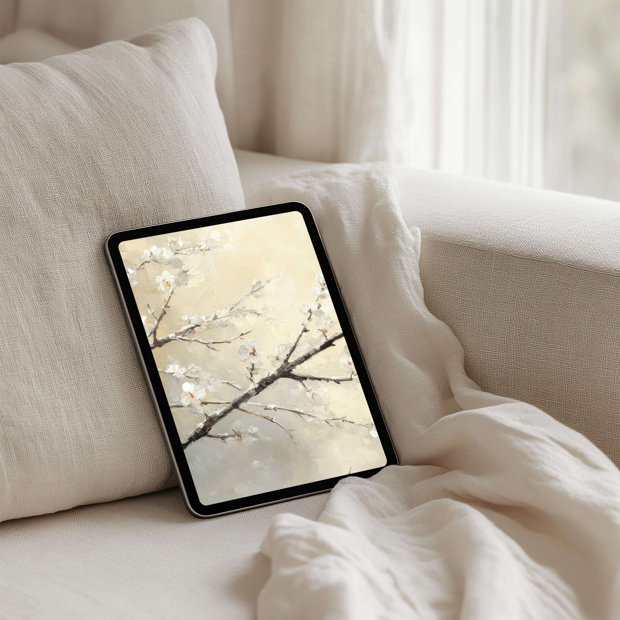 Serene iPad background featuring elegant blossoms on branches offers instant download for tablet users seeking calm and inspiration