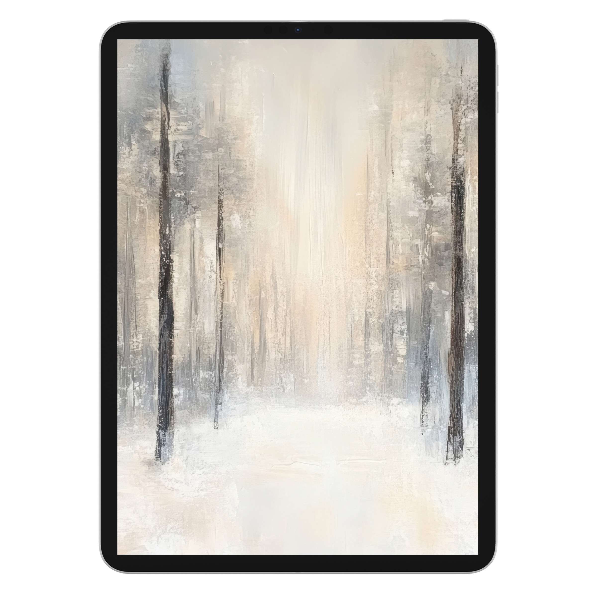 Winter iPad wallpaper featuring a serene forest scene in soft, abstract hues for a calming digital download tablet background