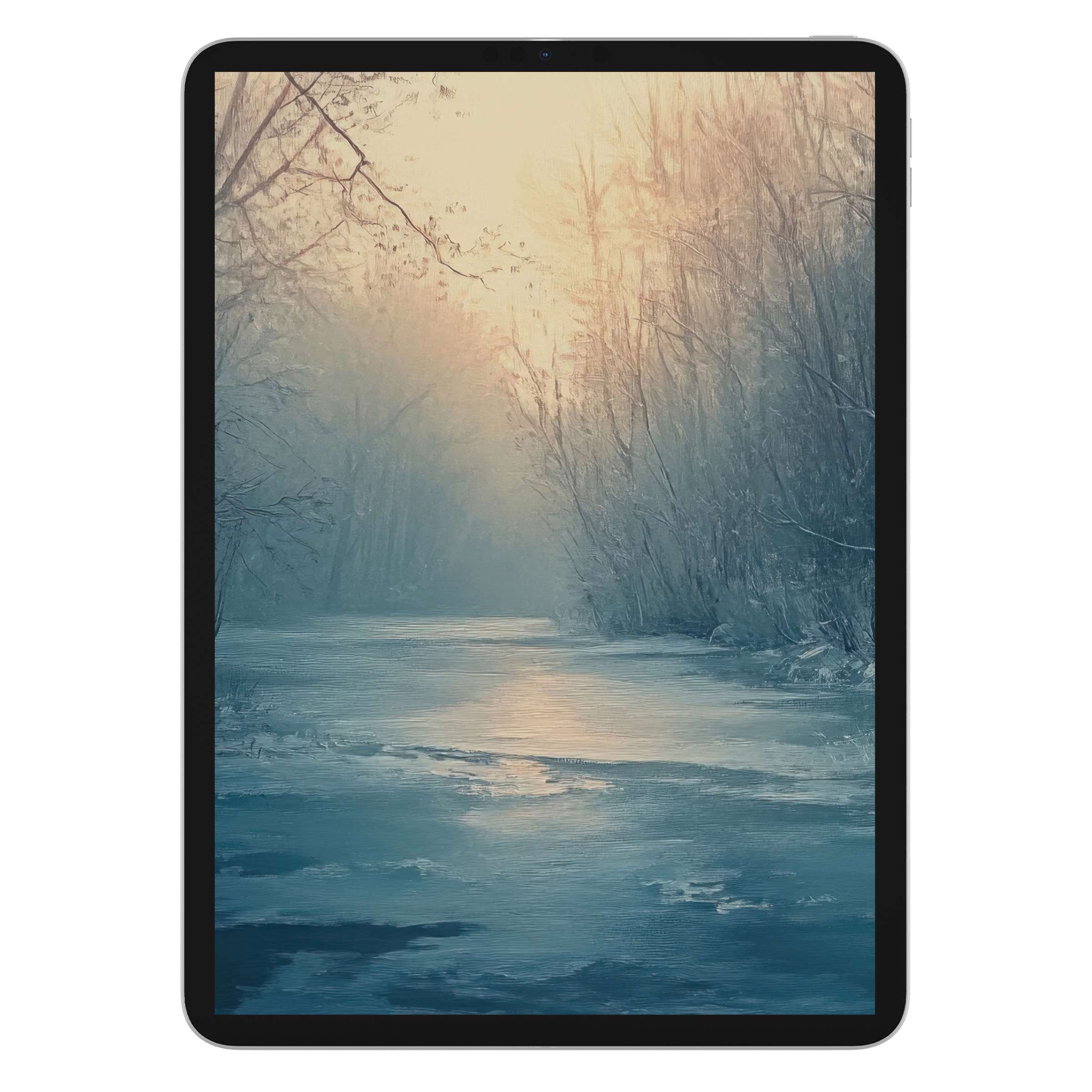 Serene winter iPad wallpaper with a frosty river scene for tablet background, perfect for iOS and Android digital download needs