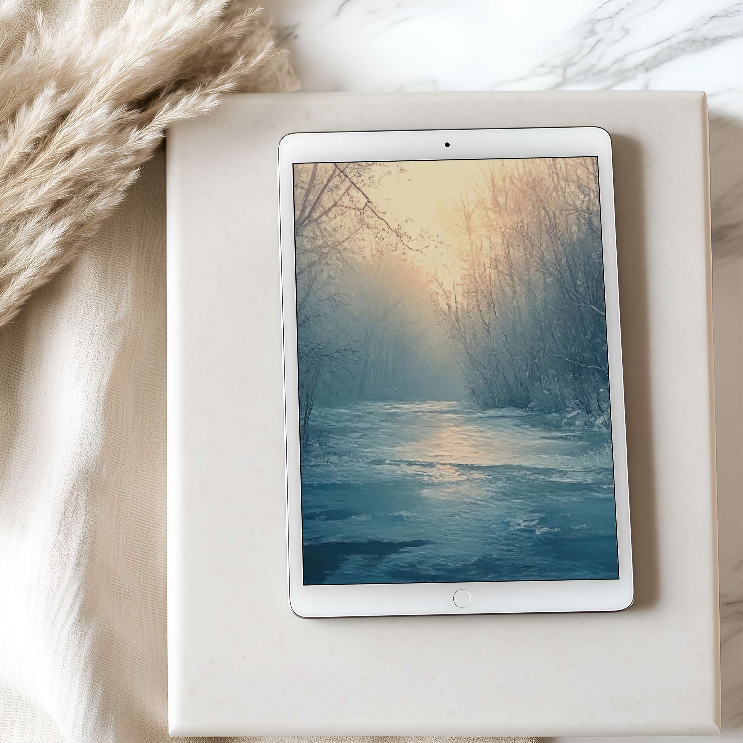 Serene winter landscape tablet wallpaper in high resolution, ideal for iPad and Android tablets, offers calm and aesthetic digital download
