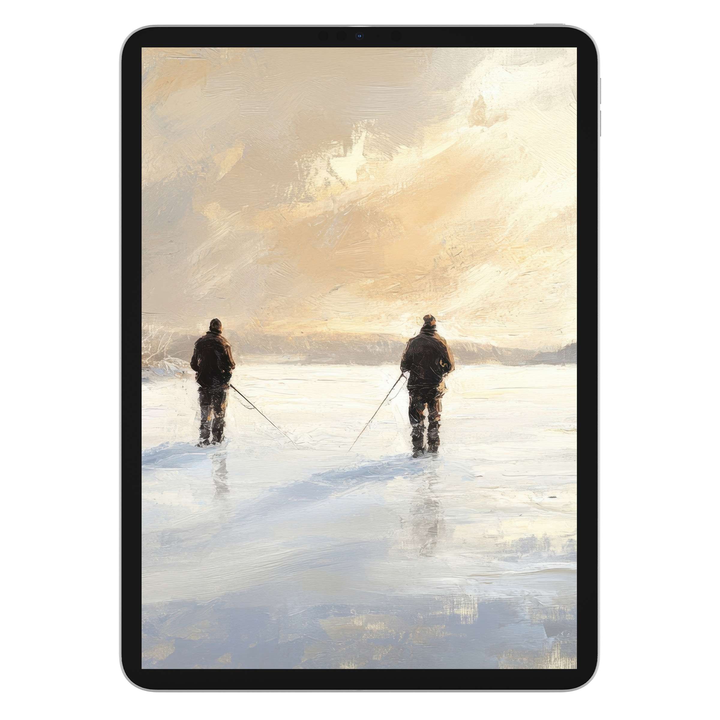 Winter iPad wallpaper showcases serene snowy landscape with skiers under pastel skies digital download for elegant tablet background