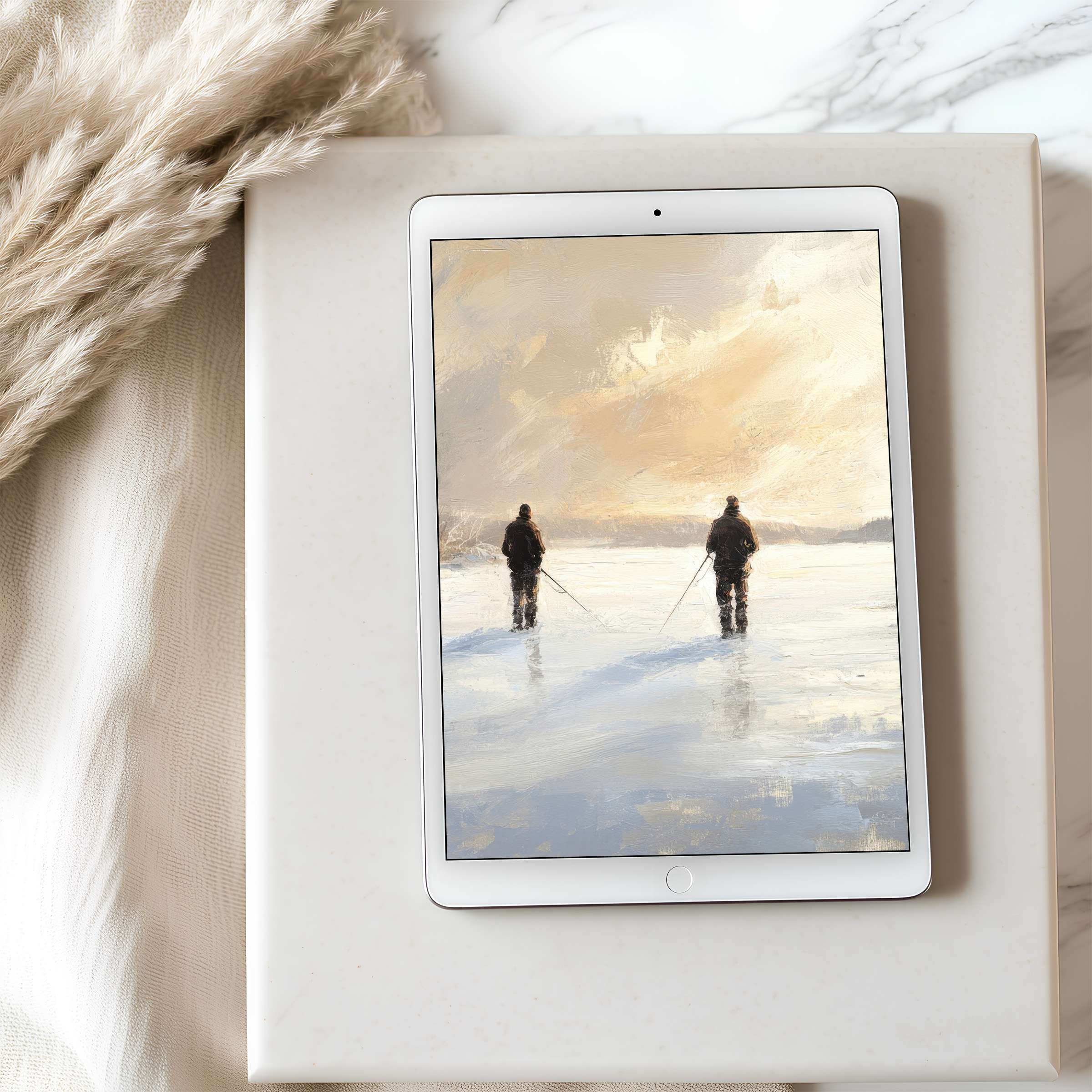 Serene winter scene on tablet wallpaper with skiers in soft amber light, perfect high-resolution iPad or Android digital download