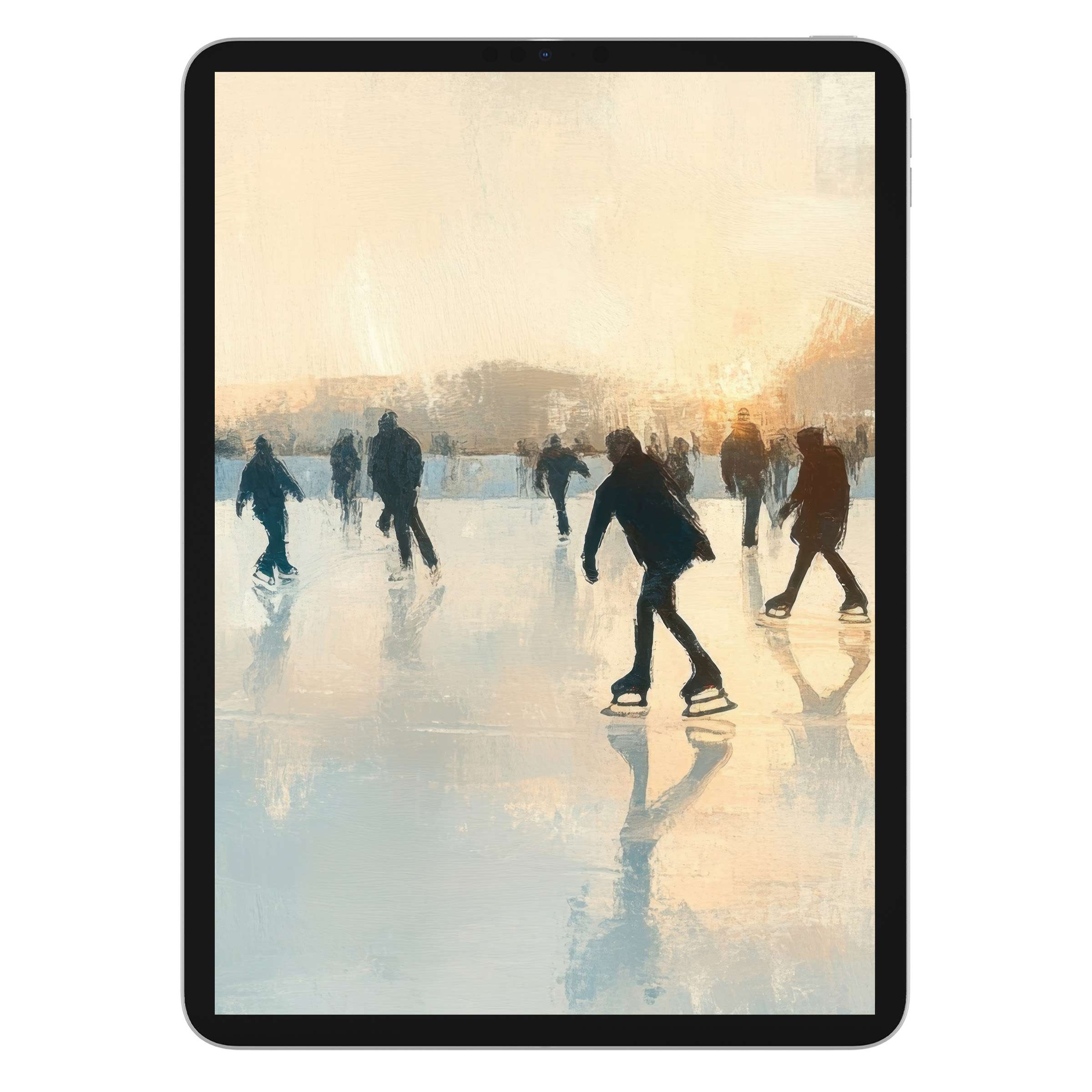 Serene winter iPad wallpaper with elegant ice skaters at sunset, perfect digital download for tablet background, calming tones