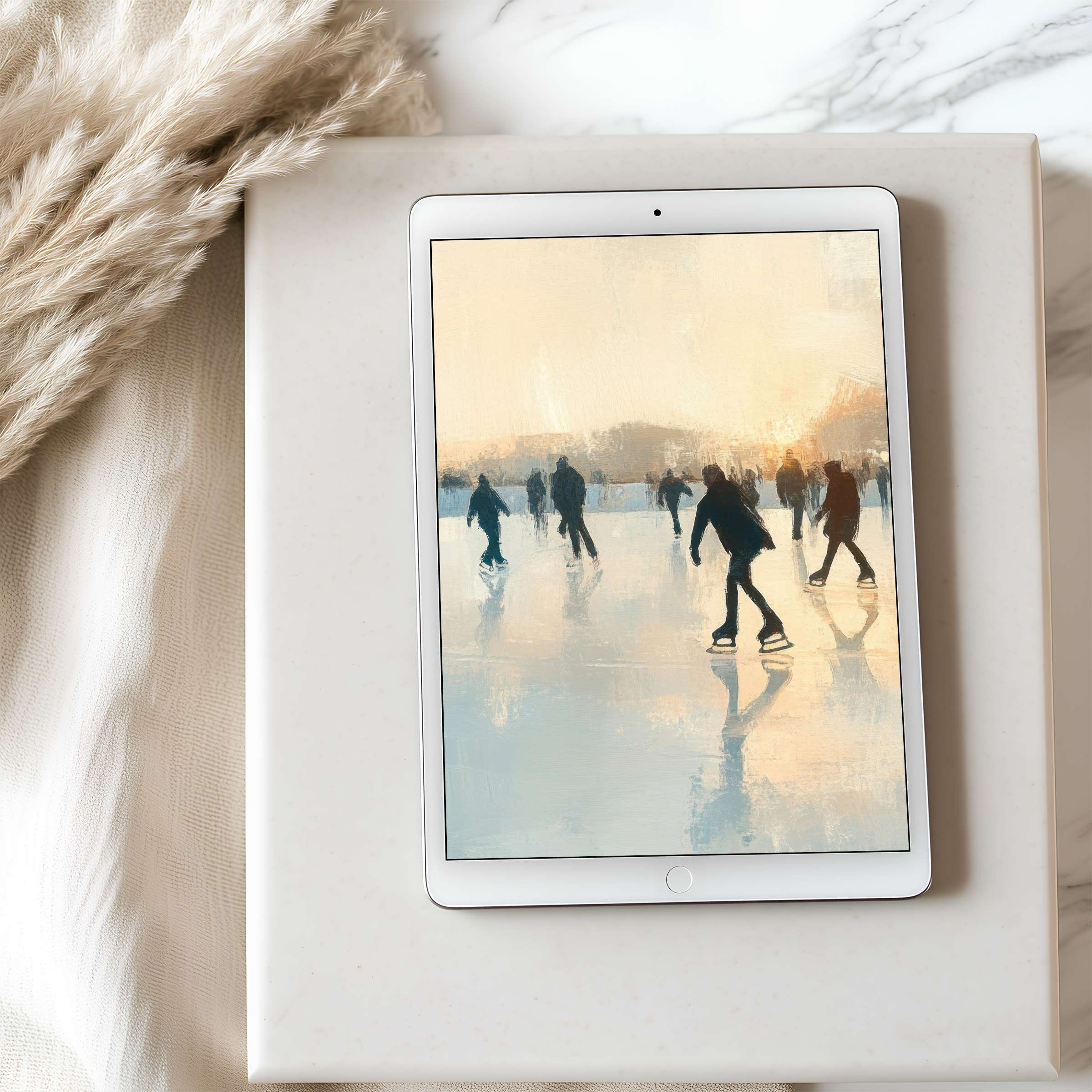 Tablet wallpaper featuring serene ice skaters at sunset in pastel hues, perfect for iPad or Android tablets, digital download