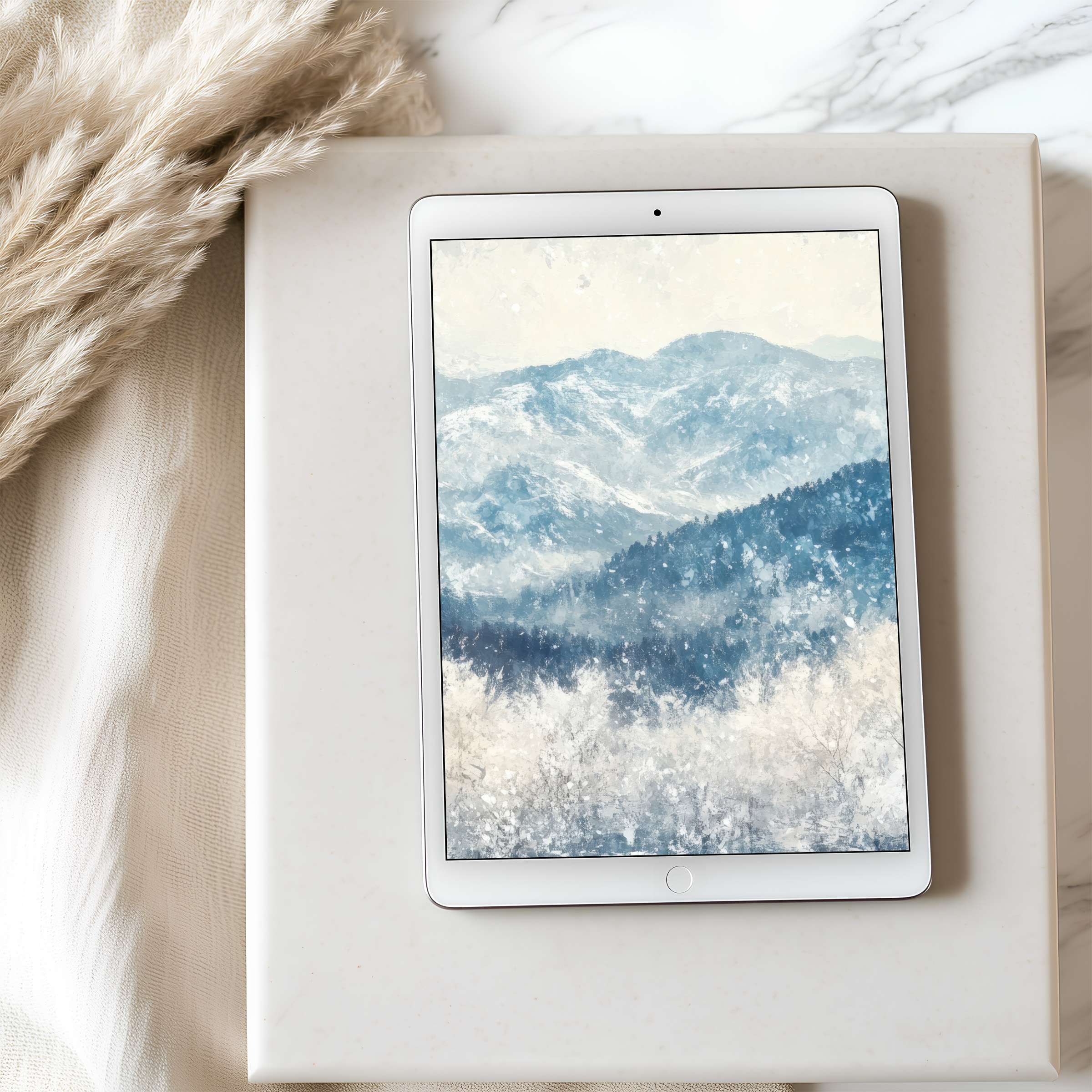 Elegant tablet wallpaper displaying serene snowy mountains, perfect for high resolution iPad or Android download, fostering tranquility