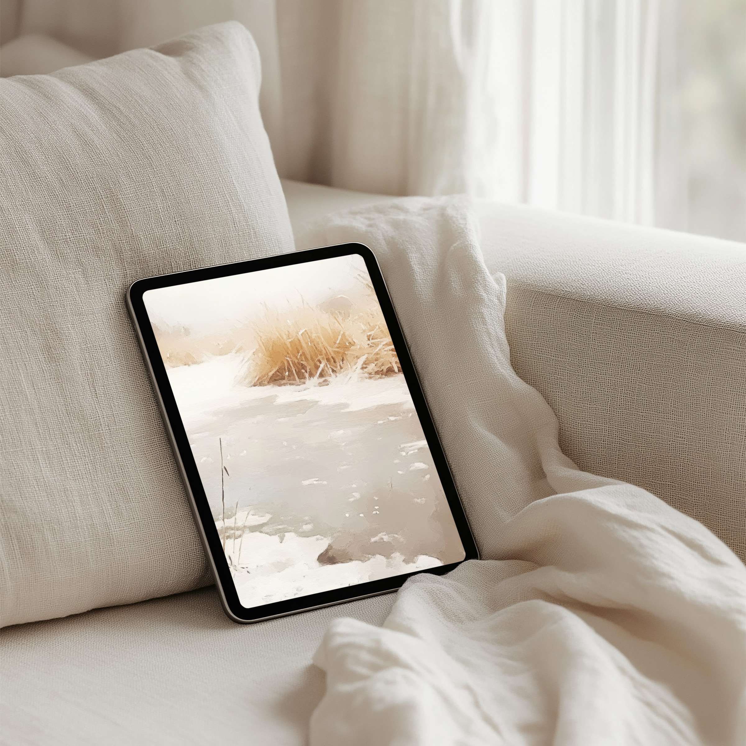 Elegant watercolor iPad background featuring serene beige hues on a tablet in cozy linens instant download for mindful ambiance