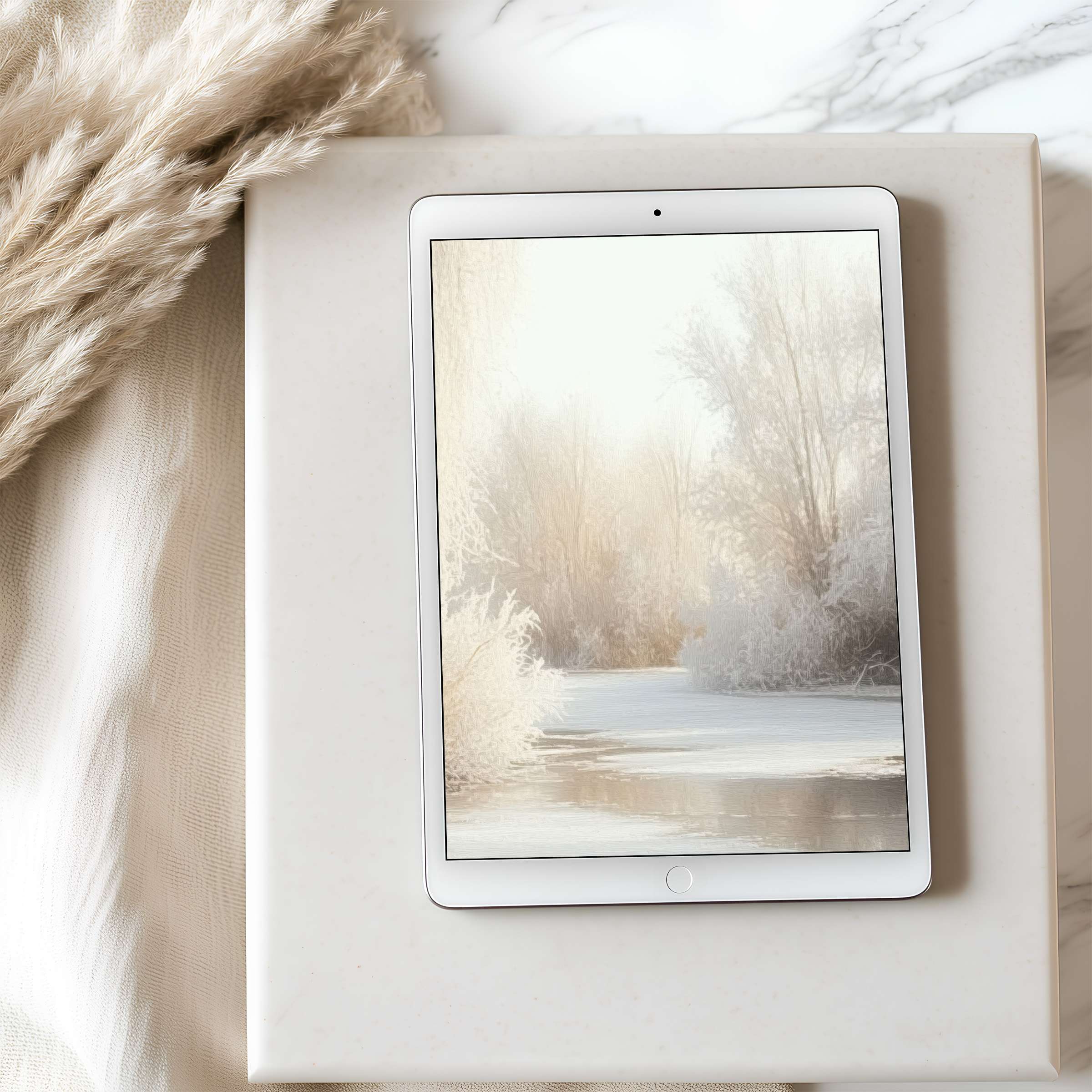 Elegant winter landscape tablet wallpaper featuring serene frosted trees, perfect for high resolution iPad and Android download