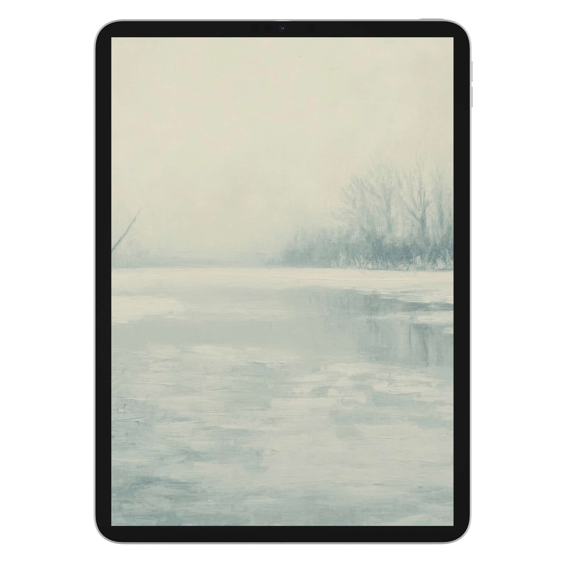 Serene winter iPad wallpaper featuring a soft, misty landscape with icy textures, ideal for tablet backgrounds digital download