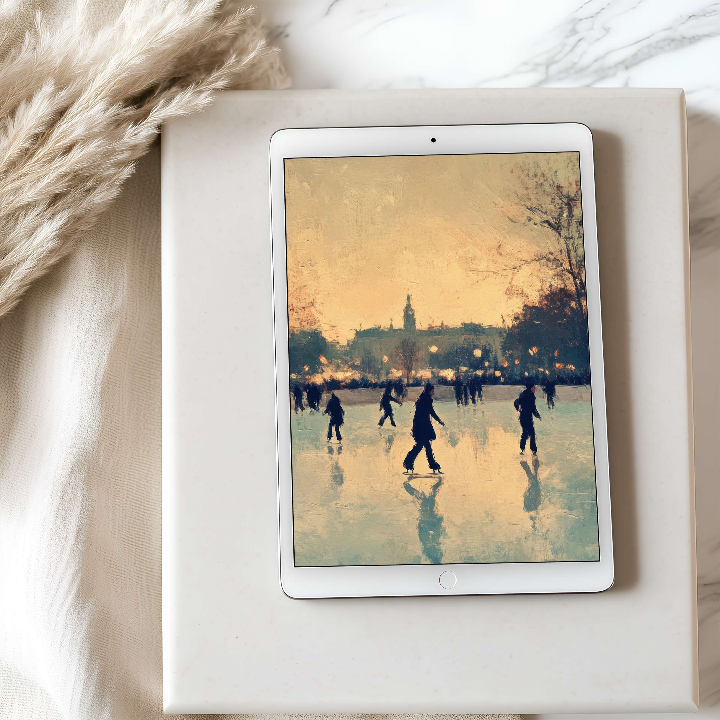 Elegant tablet wallpaper featuring serene skaters at sunset in high resolution, perfect for iPad and Android digital art enthusiasts