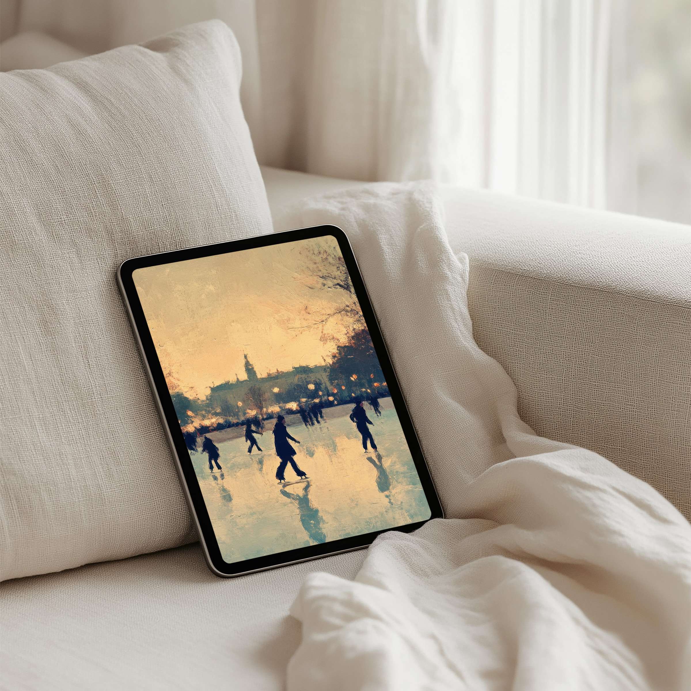 Elegant iPad background with serene skaters at dusk for instant download on any tablet inspiring calm and mindfulness