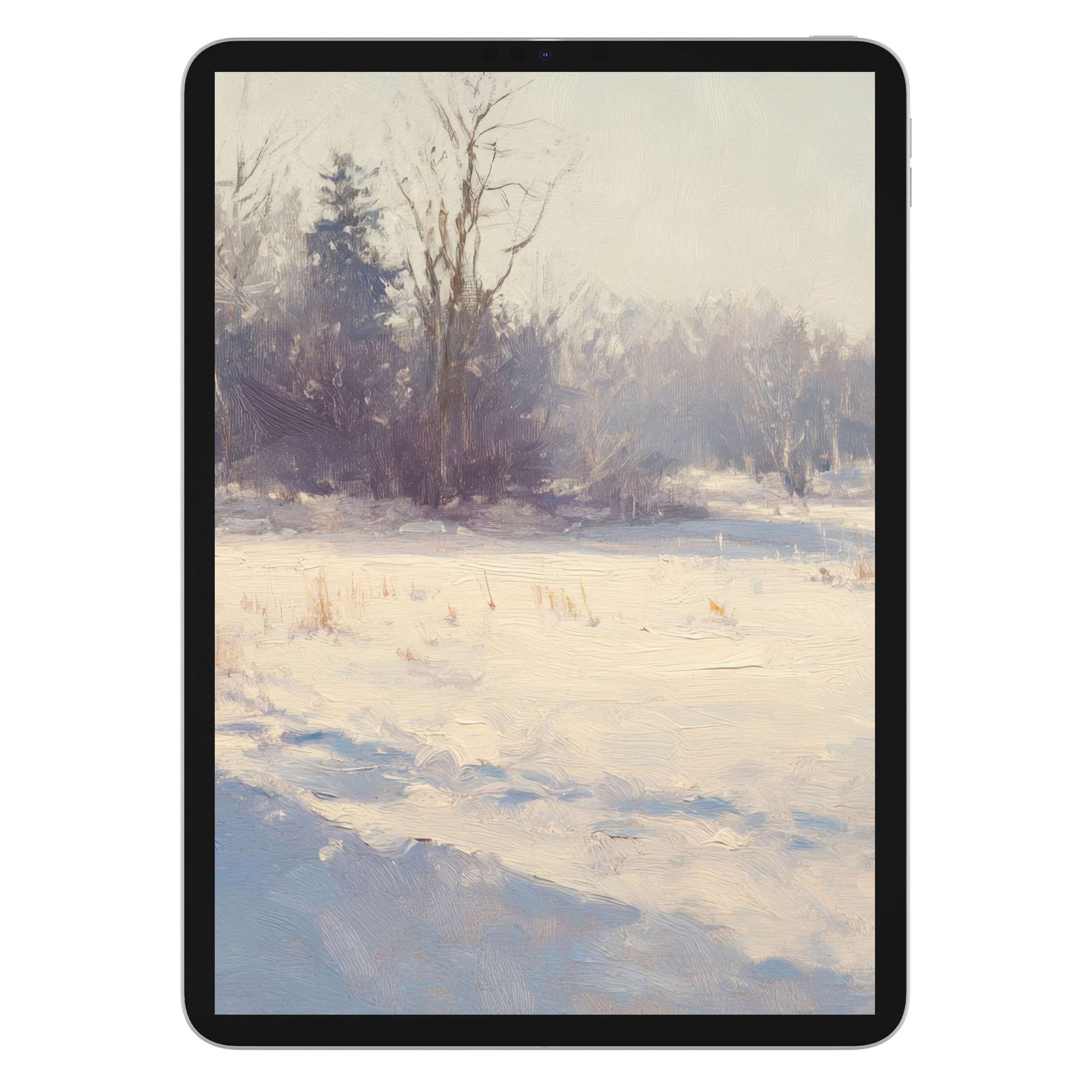 Elegant winter iPad wallpaper featuring serene snowy landscape, perfect digital download for tablet backgrounds and calming design