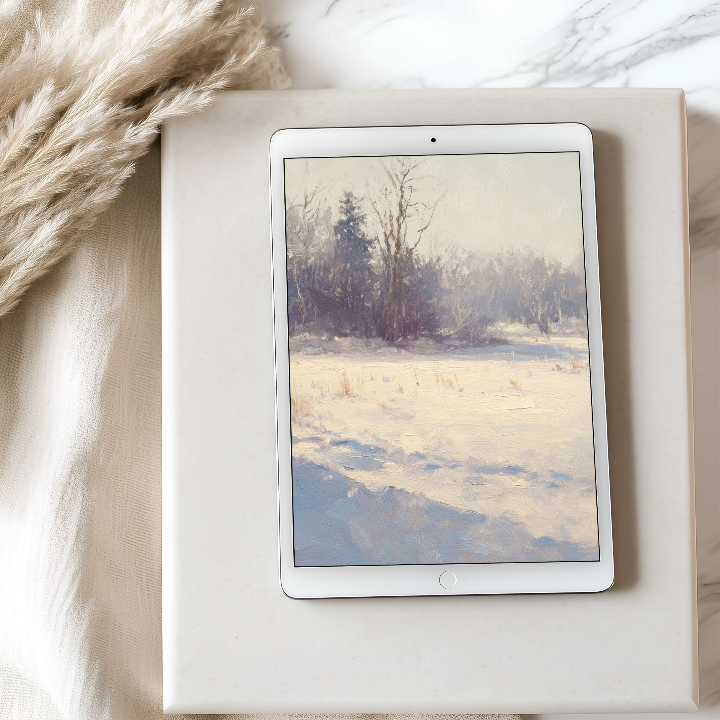 Winter landscape tablet wallpaper in impressionist style adorns iPad in serene interior setting perfect for digital download
