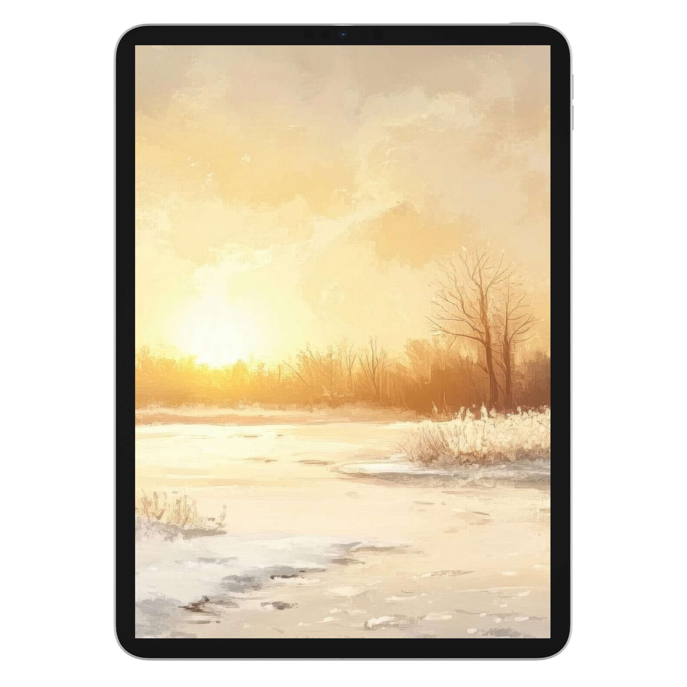 Elegant winter iPad wallpaper, digital download features a serene snowy sunset background with warm tones, perfect for tablets
