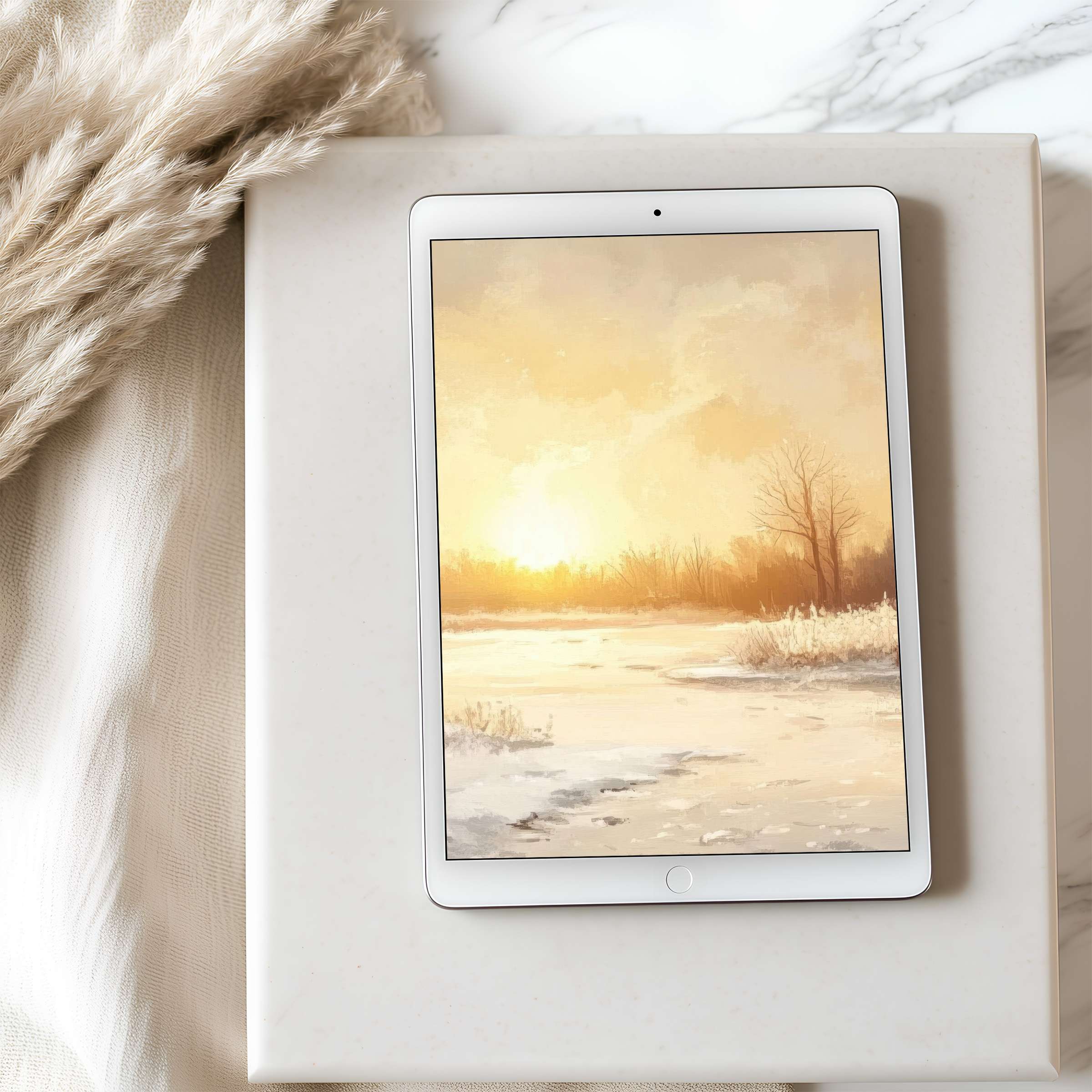 Elegant tablet wallpaper featuring a serene winter sunrise in high resolution, perfect for iPad and Android tablets, digital download