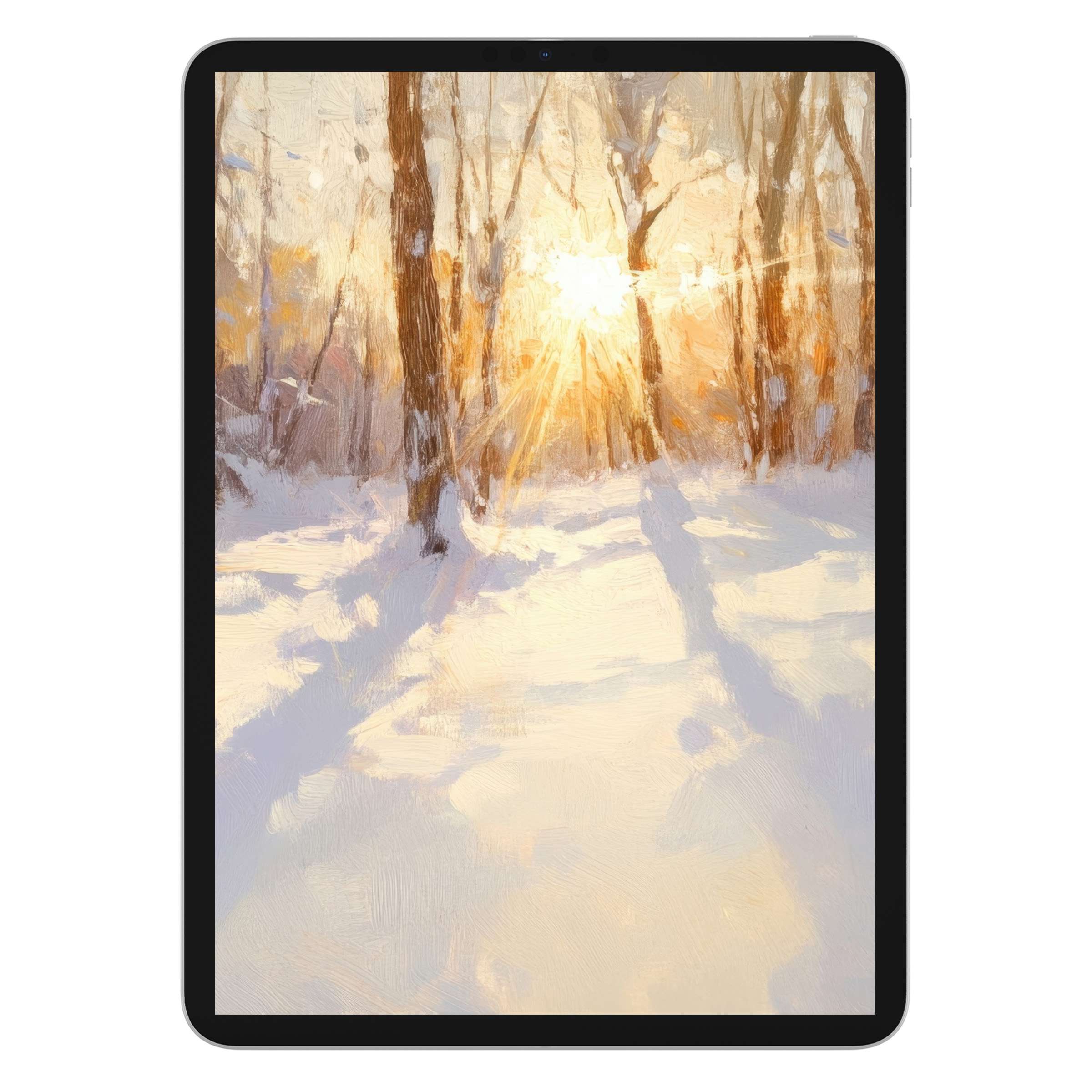 Elegant winter iPad wallpaper with a serene snowy forest scene, perfect for tablet background digital download and calm aesthetics