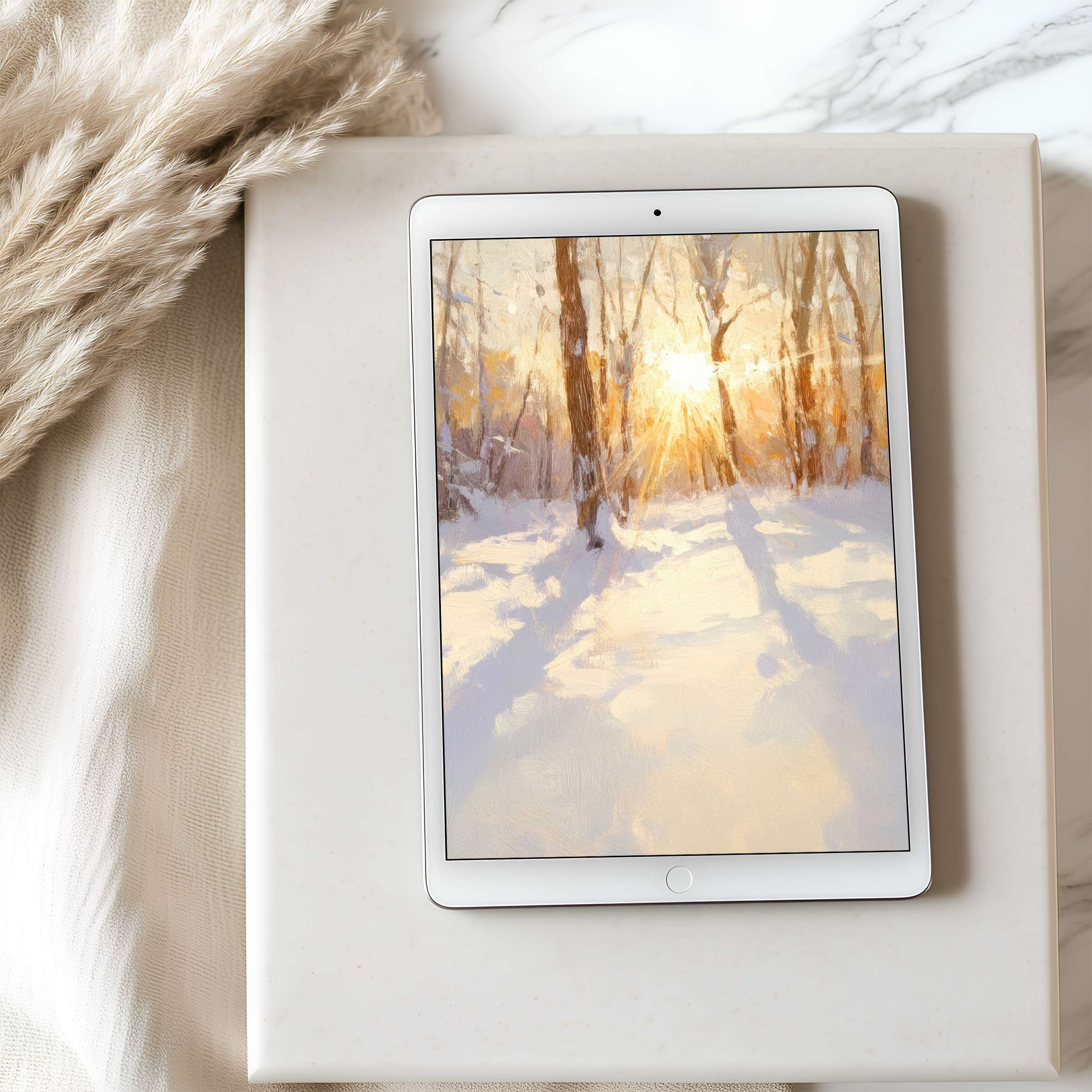 Elegant winter sunrise tablet wallpaper in high resolution, perfect for iPad and Android tablets, offering serene digital art download