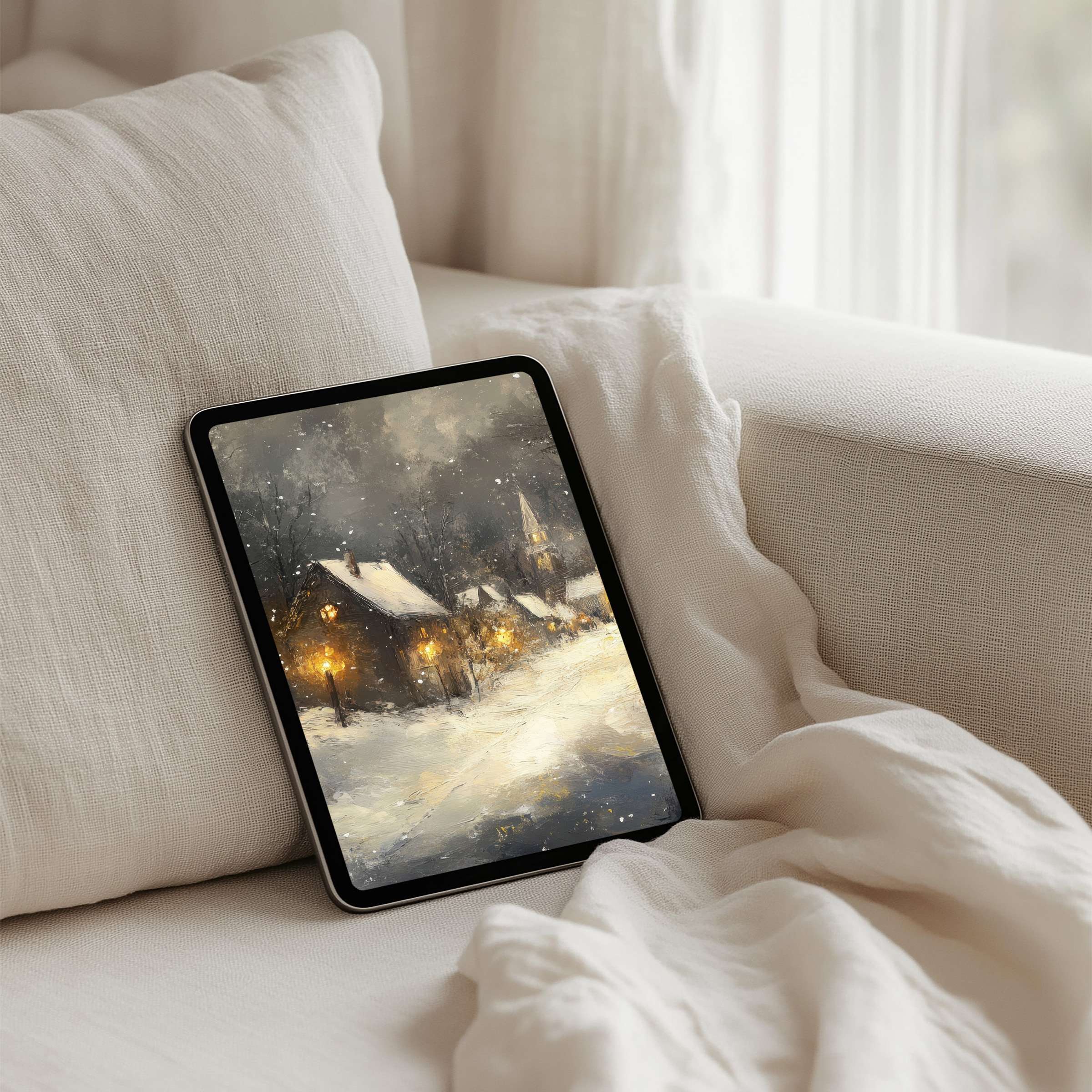 Elegant winter village scene on iPad background evokes calm and inspiration, perfect instant download for any tablet user
