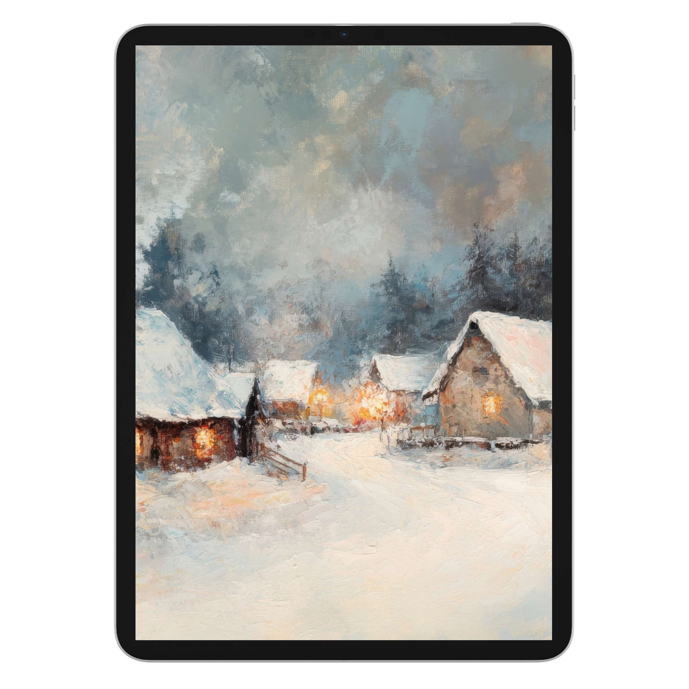 Winter iPad wallpaper featuring cozy, snow-covered cabins in a serene digital download, perfect for a calming tablet background