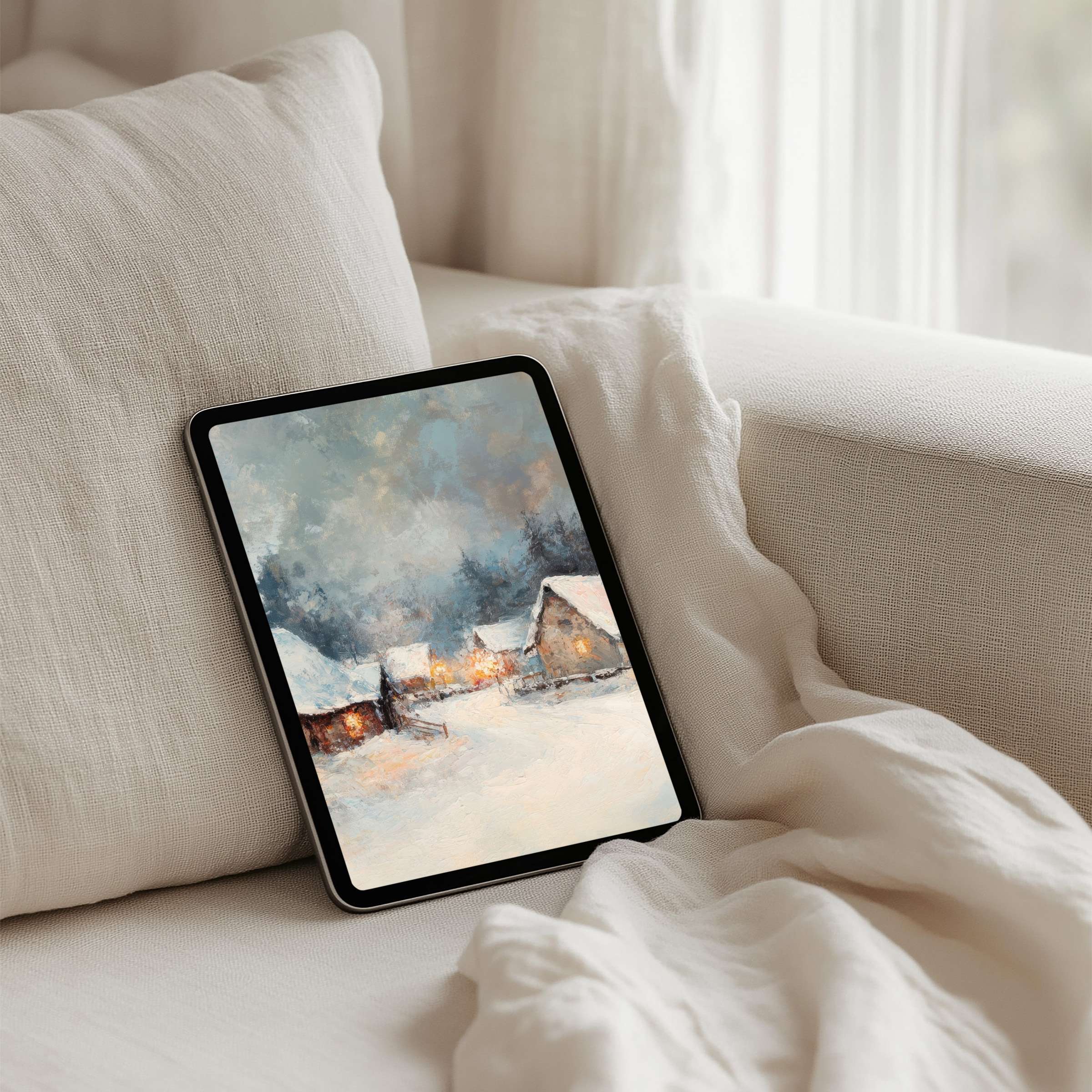 Tranquil winter scene iPad background for instant download envelops your tablet in serene elegance and timeless inspiration