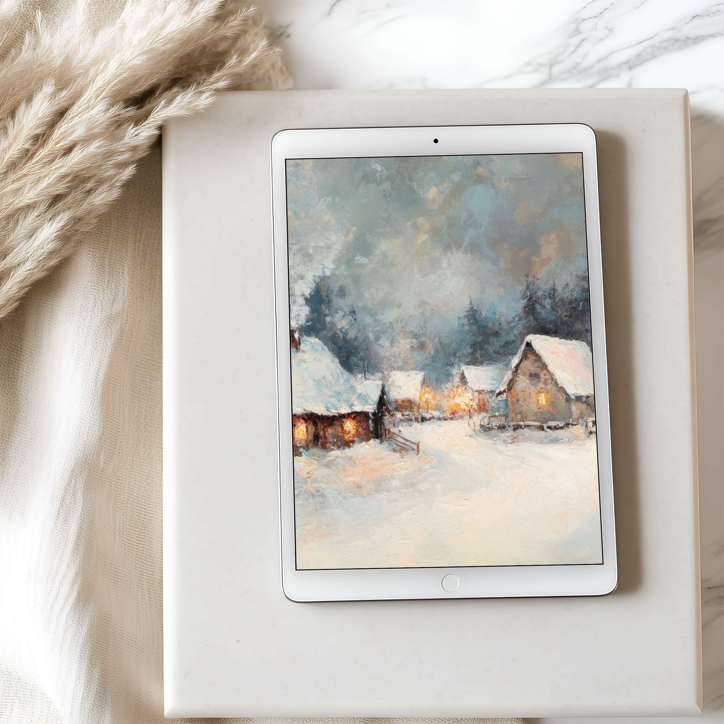 Elegant winter tablet wallpaper scene in high resolution features cozy snowy cabins, offering a serene digital download experience