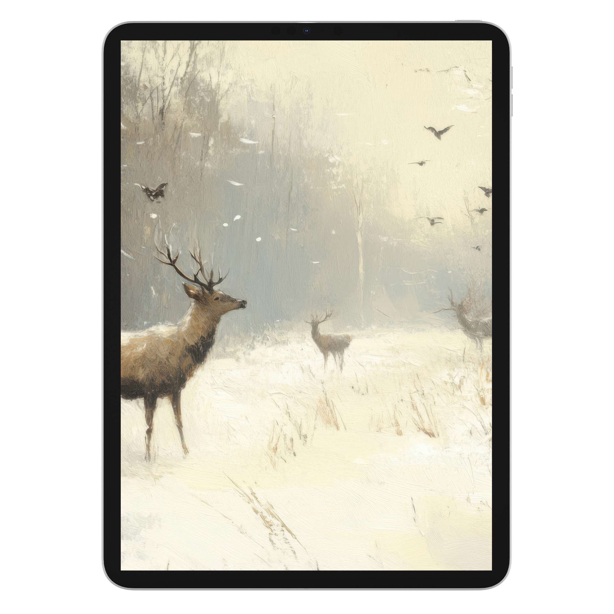 Elegant winter iPad wallpaper featuring serene deer in snowy landscape, perfect digital download background for tablets, enhancing tranquility
