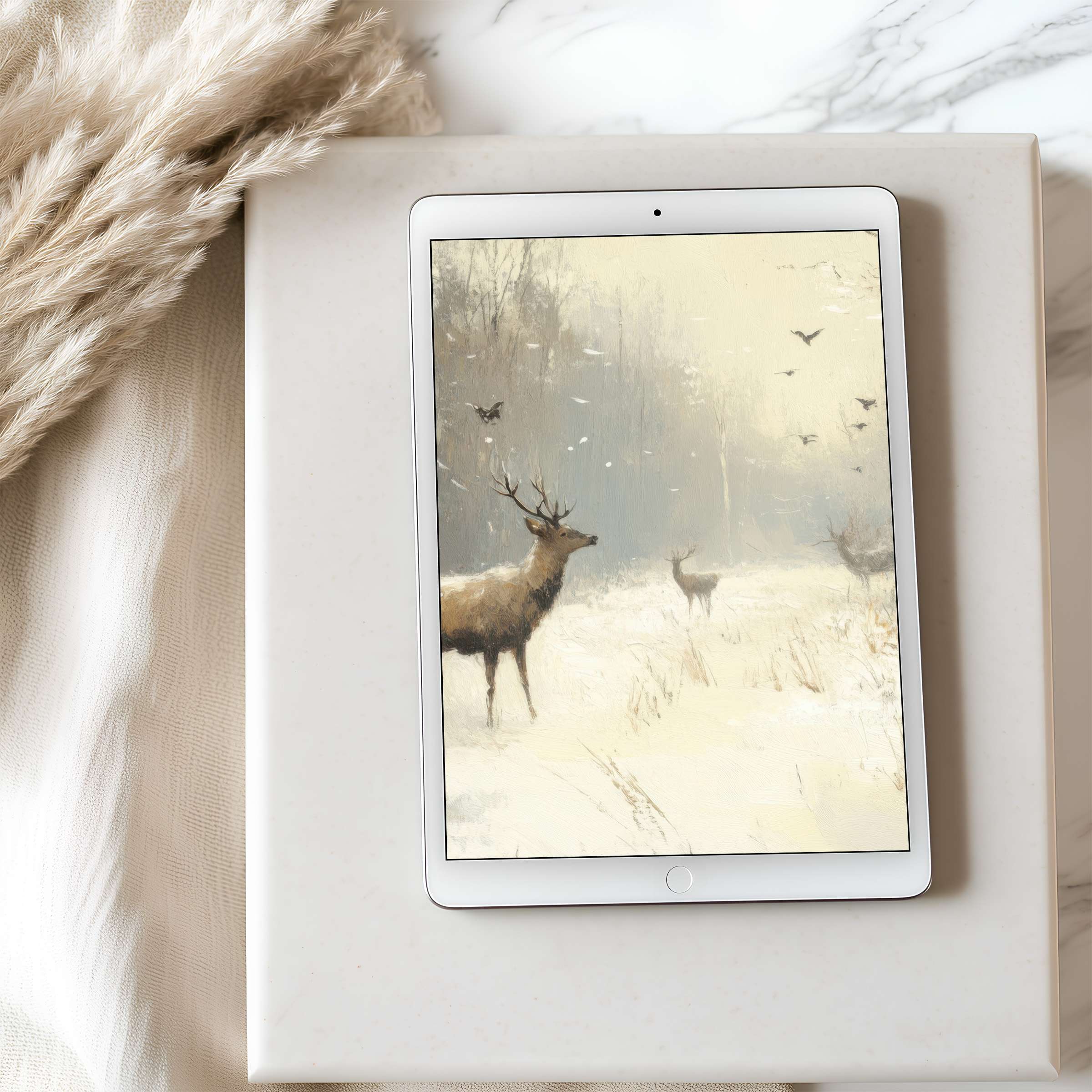 Elegant woodland scene with deer and birds as a serene tablet wallpaper for iPad, offering high resolution digital download