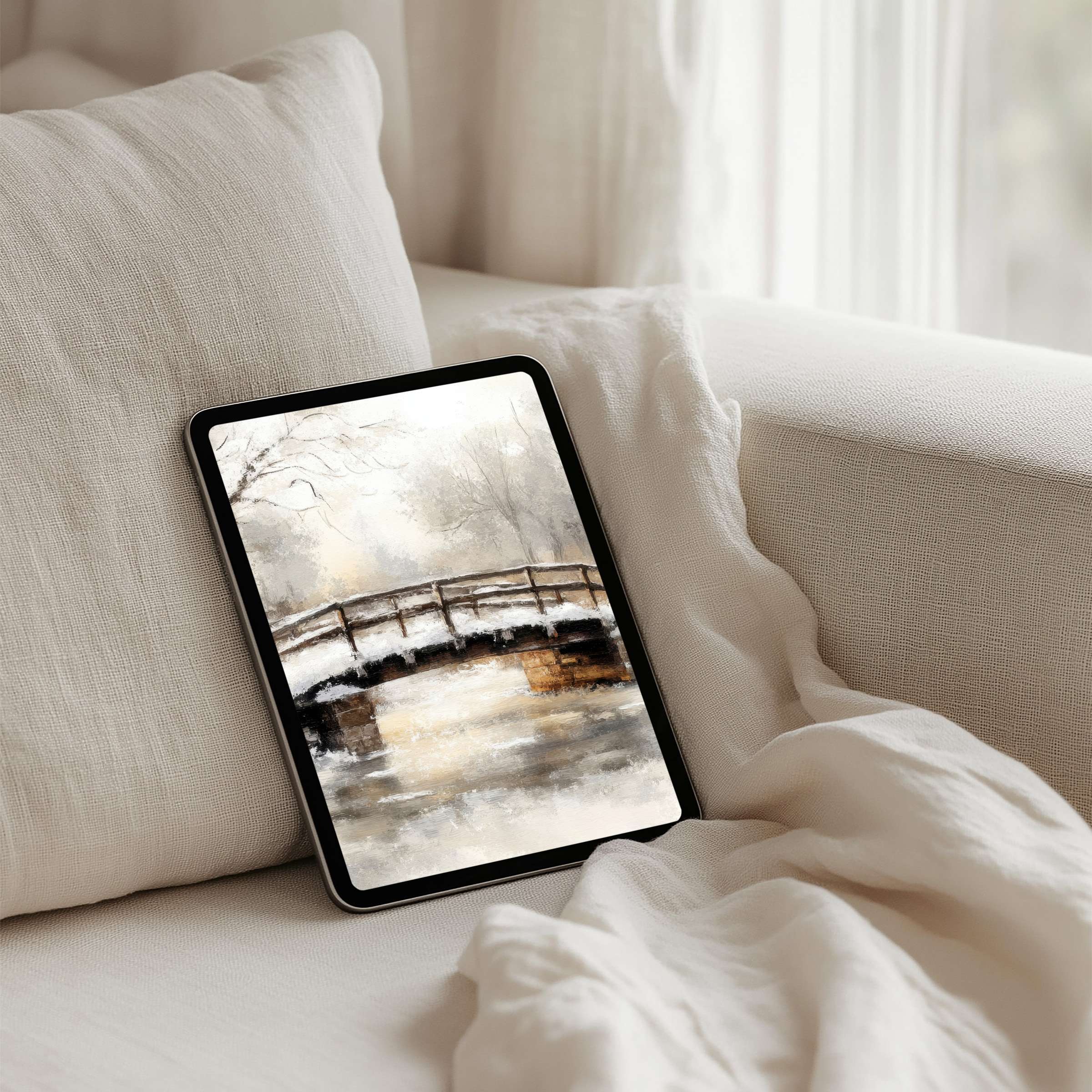 Elegant watercolor bridge scene as iPad background promotes calm, fits any tablet, with instant download for mindful inspiration