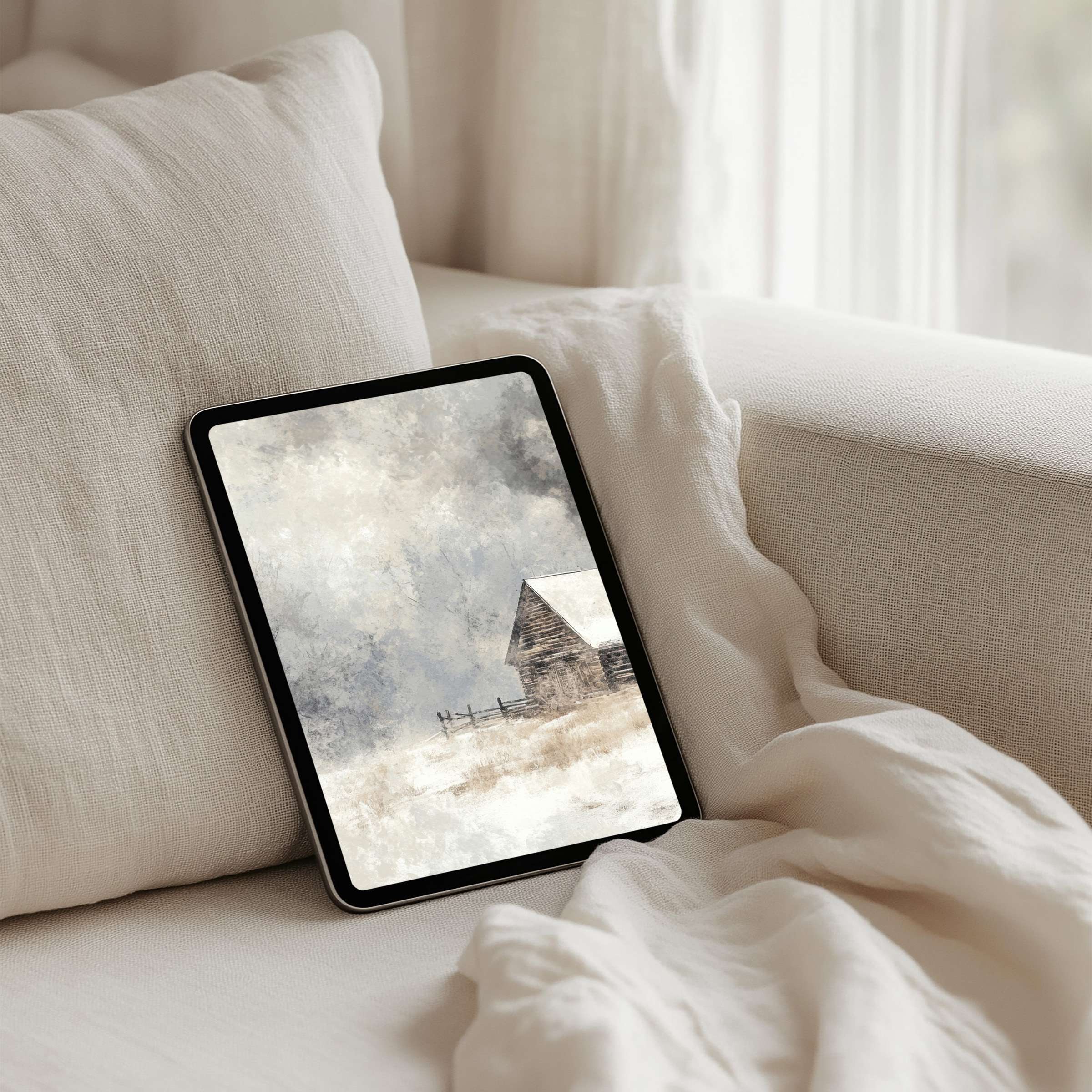 Elegant iPad background showcasing serene winter landscape art brings calm and inspiration to your tablet with instant download