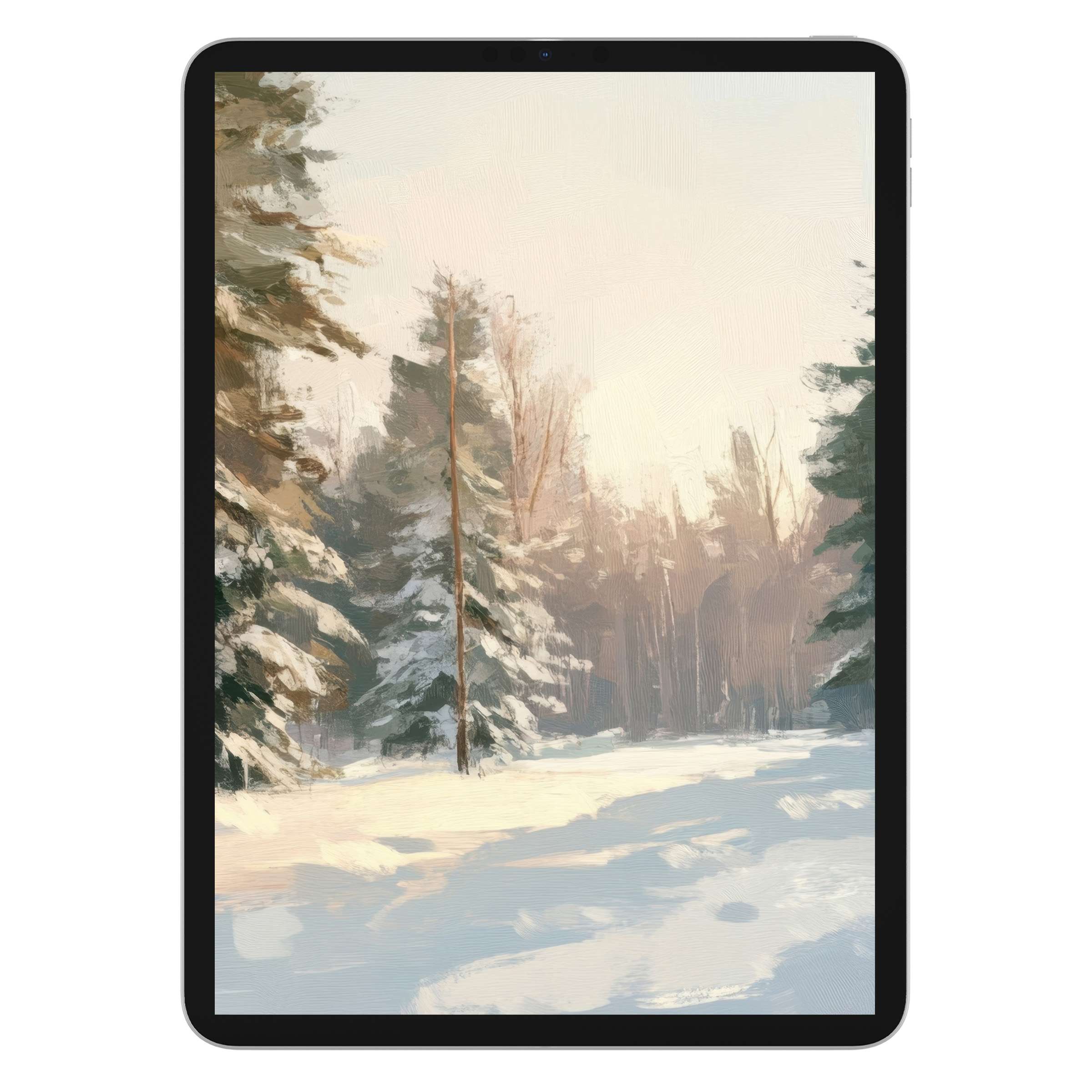 Winter iPad wallpaper digital download: Elegant snowy forest painting, serene background for stylish tablet screens, enhancing tranquility