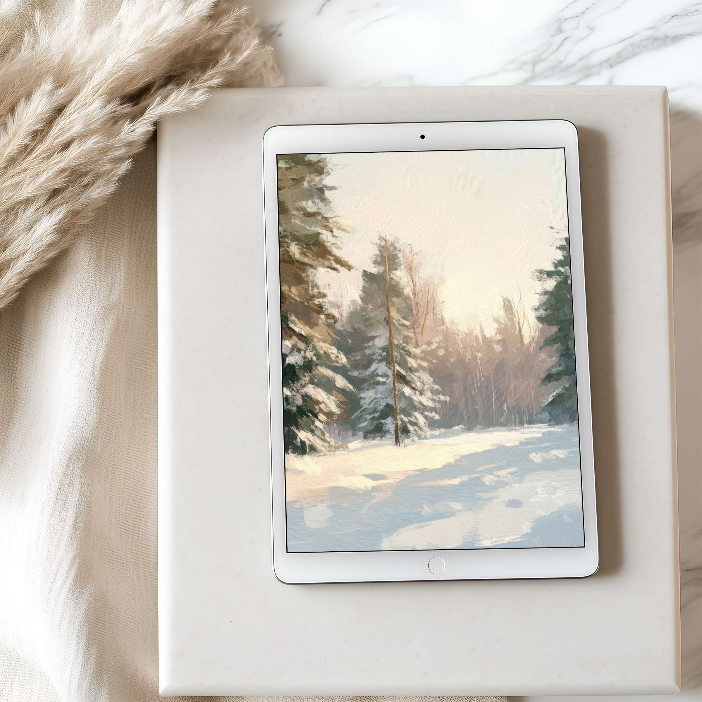 Serene digital landscape art for tablet wallpaper showcasing snowy forest at sunset perfect for iPad in high resolution download