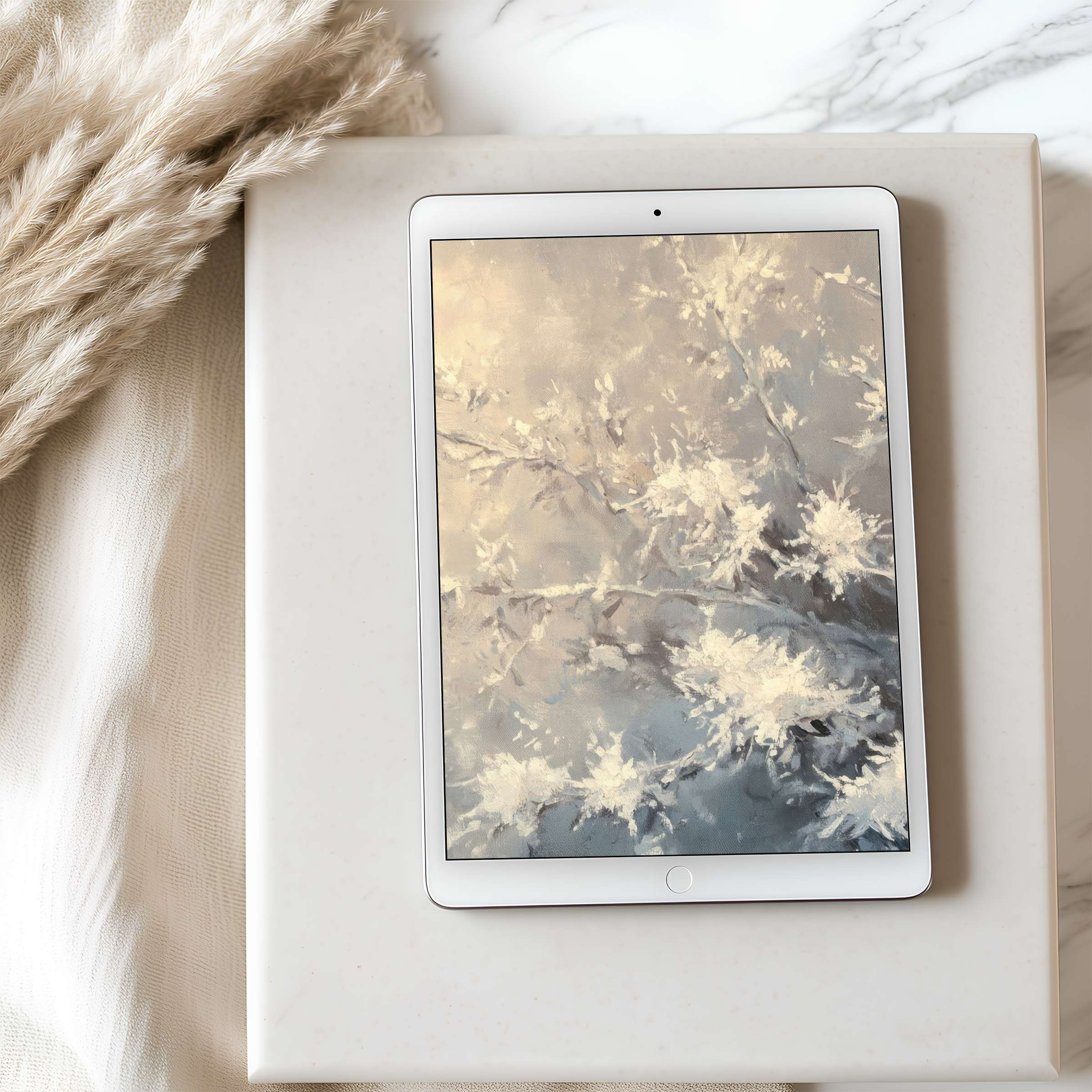 Elegant tablet wallpaper featuring serene floral motifs in muted pastels on iPad for a calming digital download experience