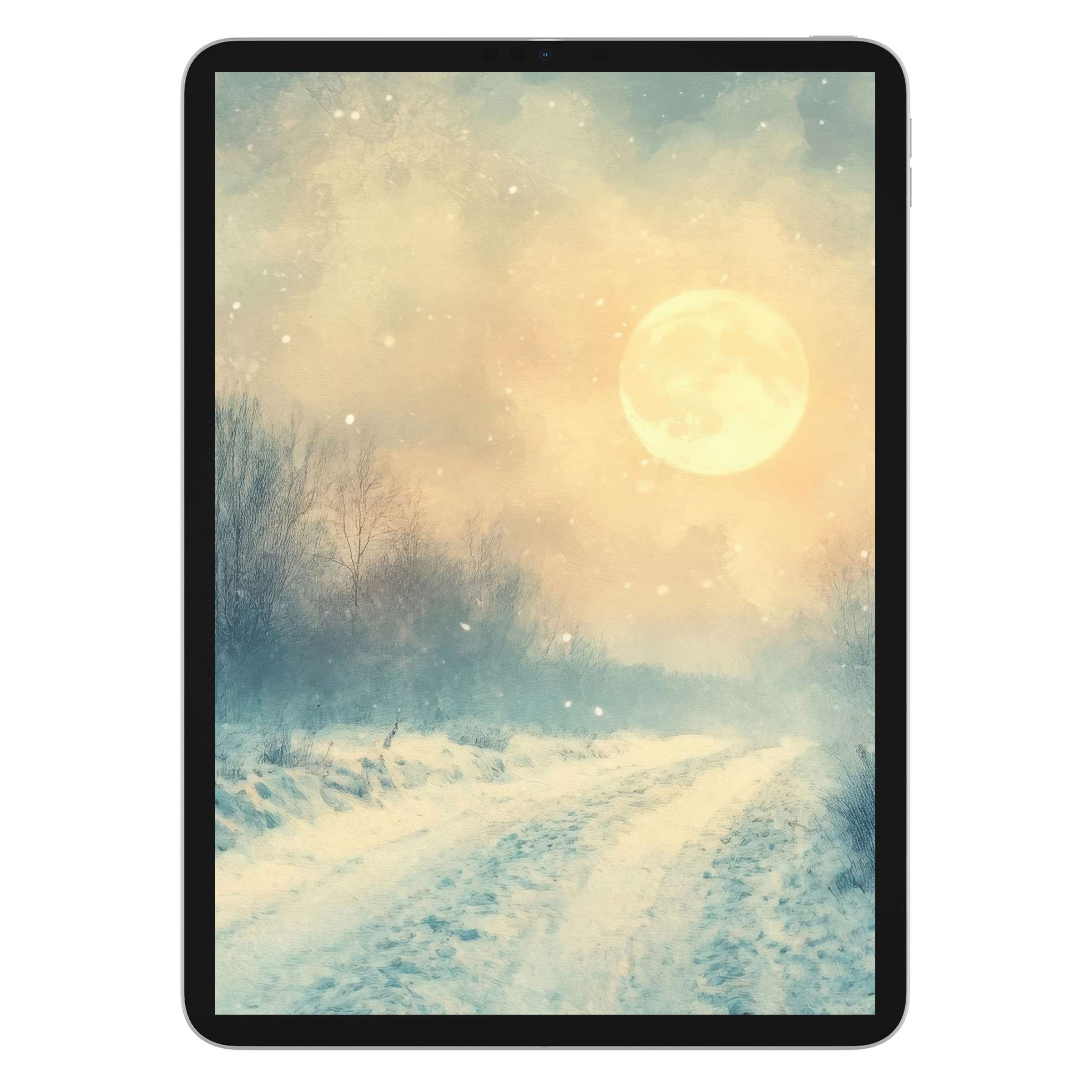 Winter iPad wallpaper showcasing serene snowy path with golden full moon, ideal digital download for calming tablet background