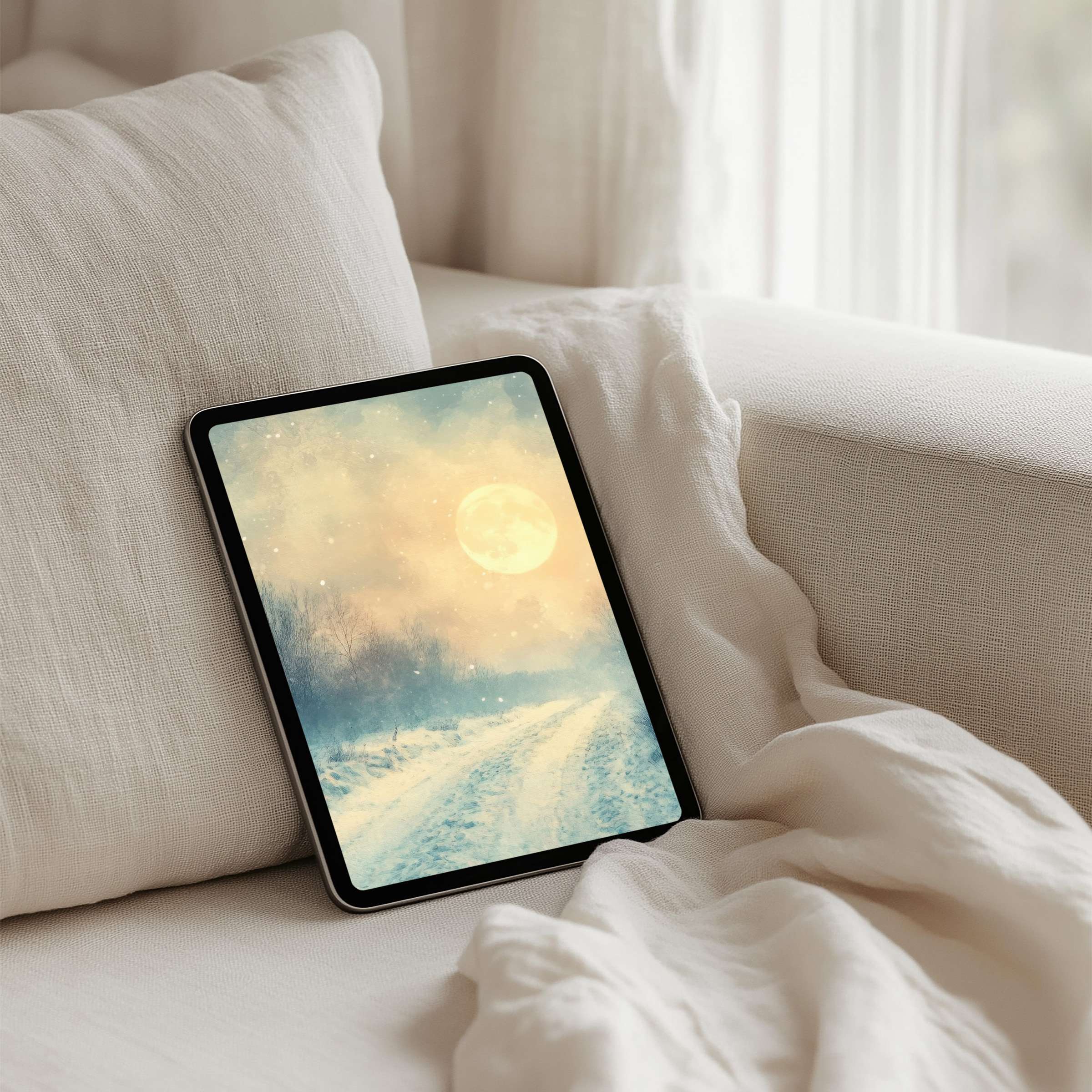 Serene snowy iPad background with glowing moon offers mindful elegance for tablet use available as an instant download
