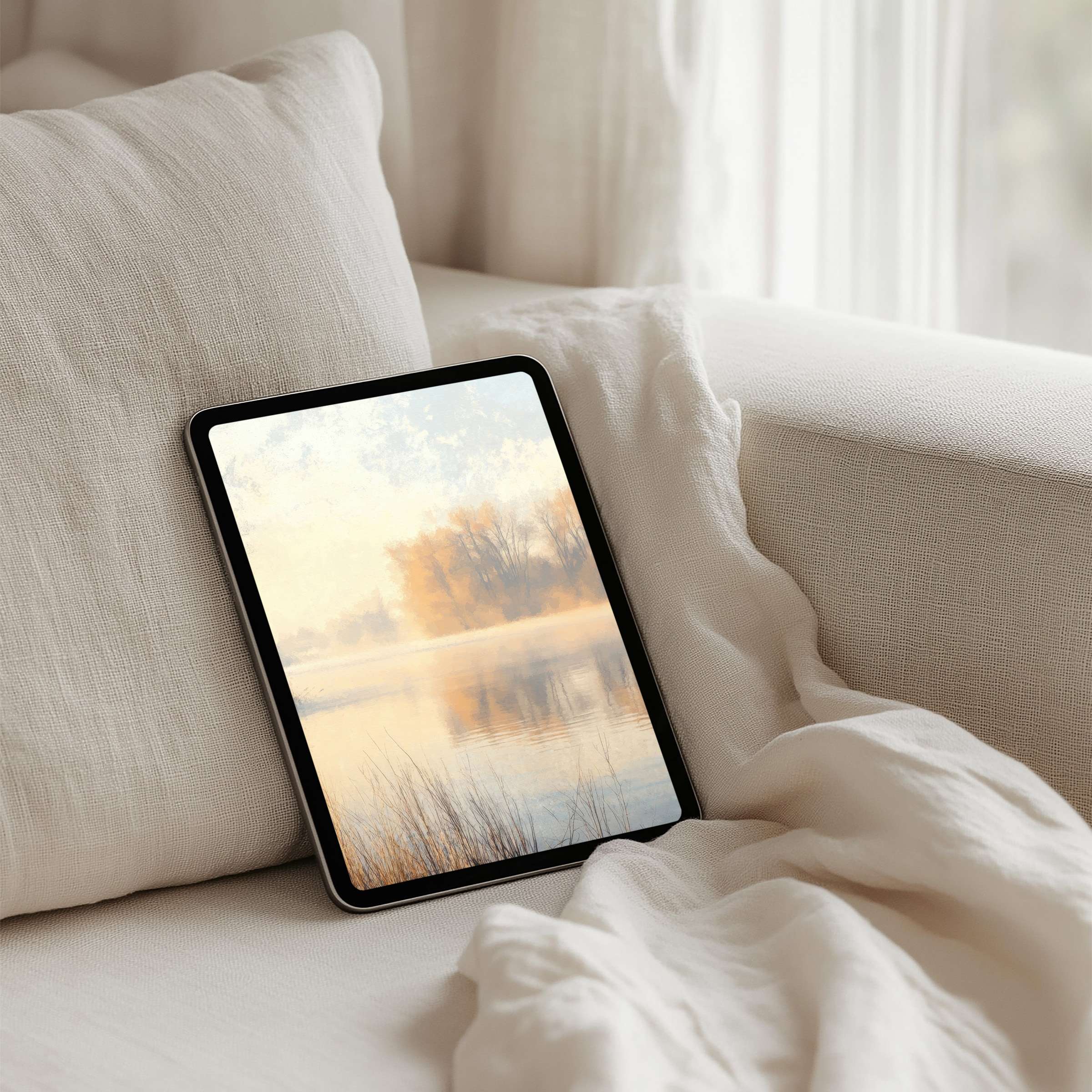 Elegant iPad background featuring a serene autumn lake painting, perfect for mindfulness on any tablet with instant download available