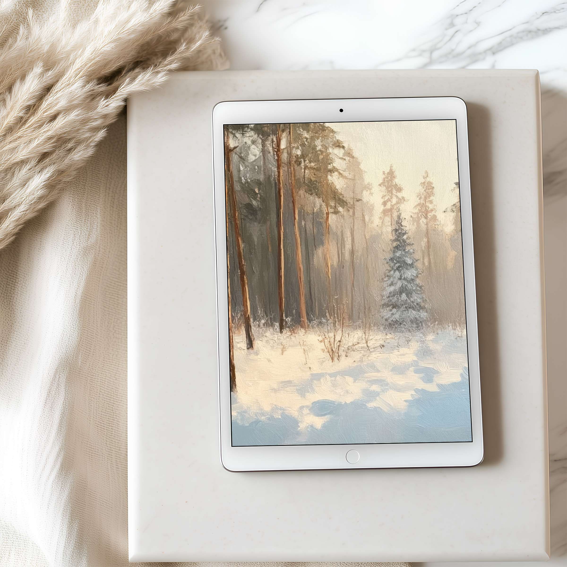 Elegant tablet wallpaper with serene winter forest scene in soft pastels enhancing your iPad or Android tablet's aesthetic appeal